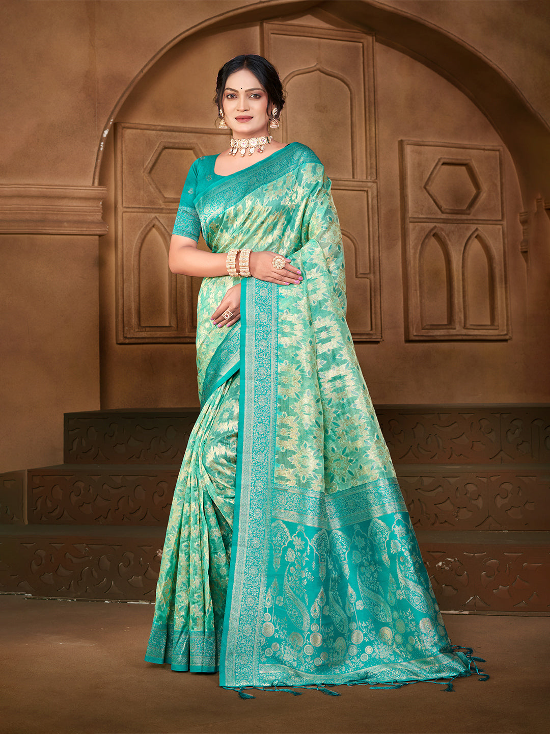 Women's Sea Green Silk Woven Work Traditional Saree