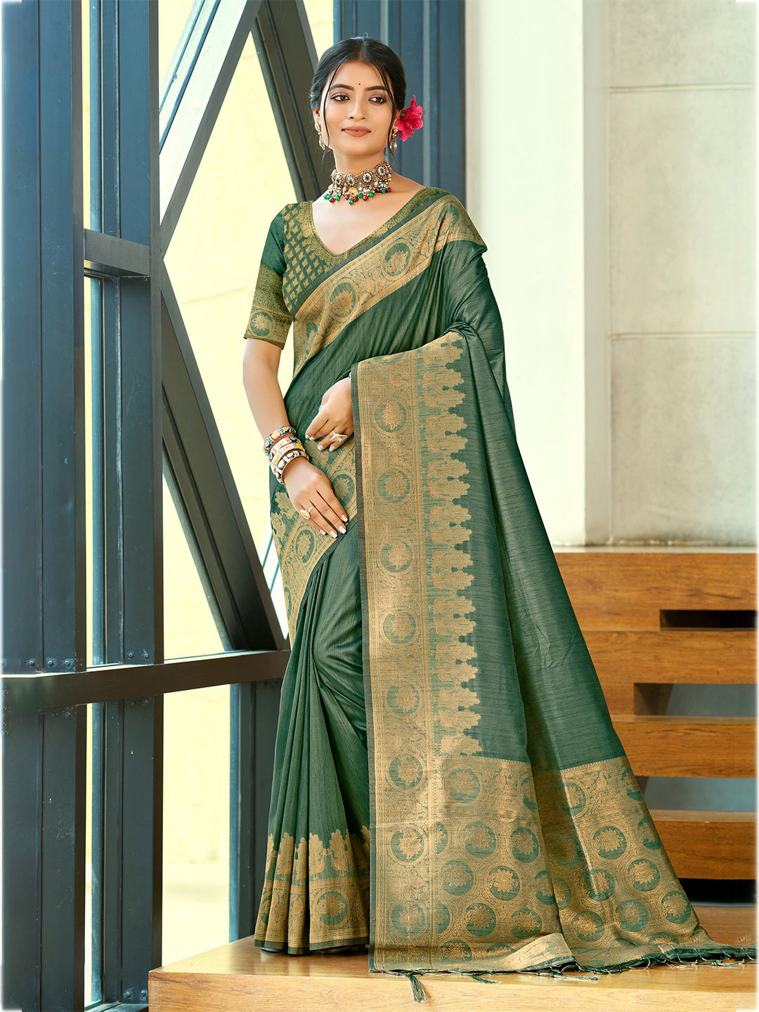 Women's Dark Green Assam Silk Woven Work Traditional Saree