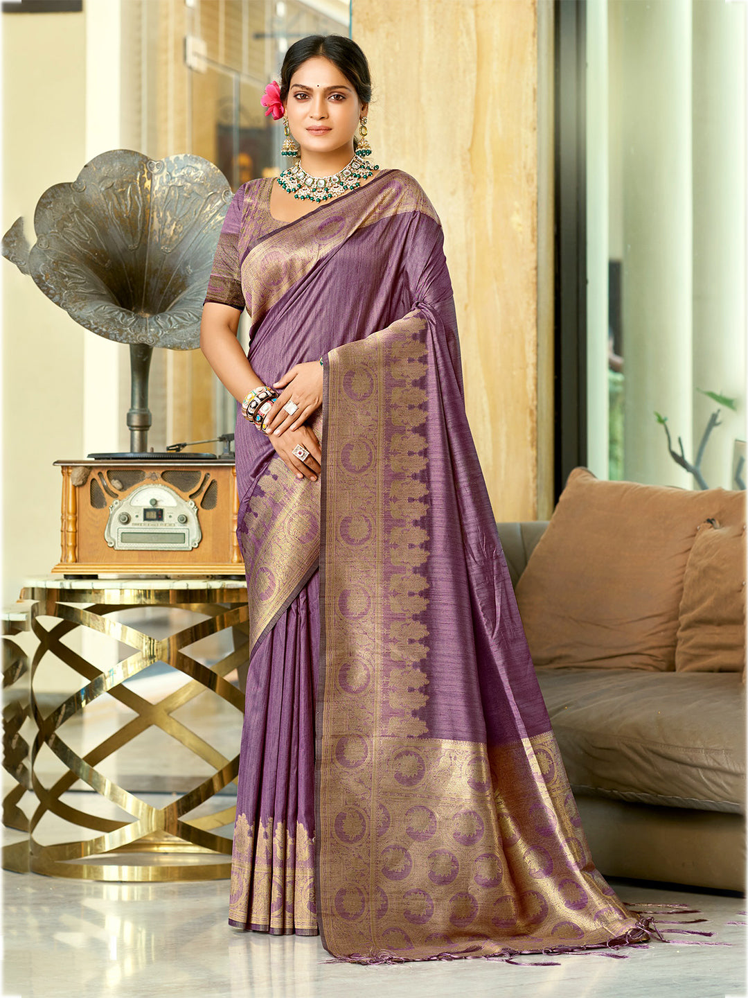 Women's Purple Assam Silk Woven Work Traditional Saree