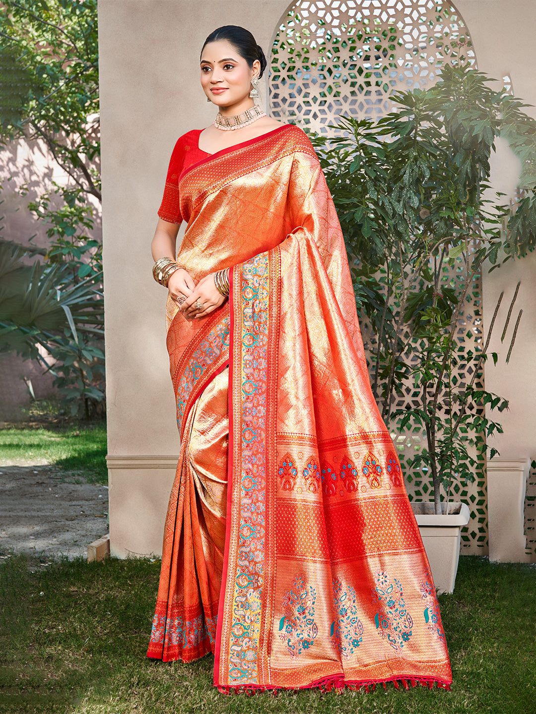 Women's Orange Kanjivaram Silk Woven Work Traditional Saree