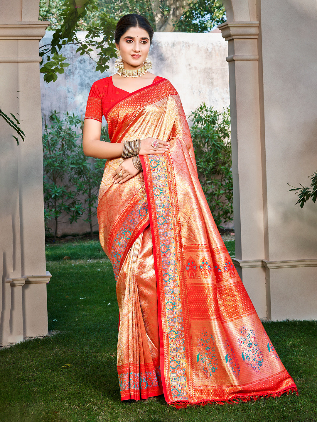 Women's Red Kanjivaram Silk Woven Work Traditional Saree