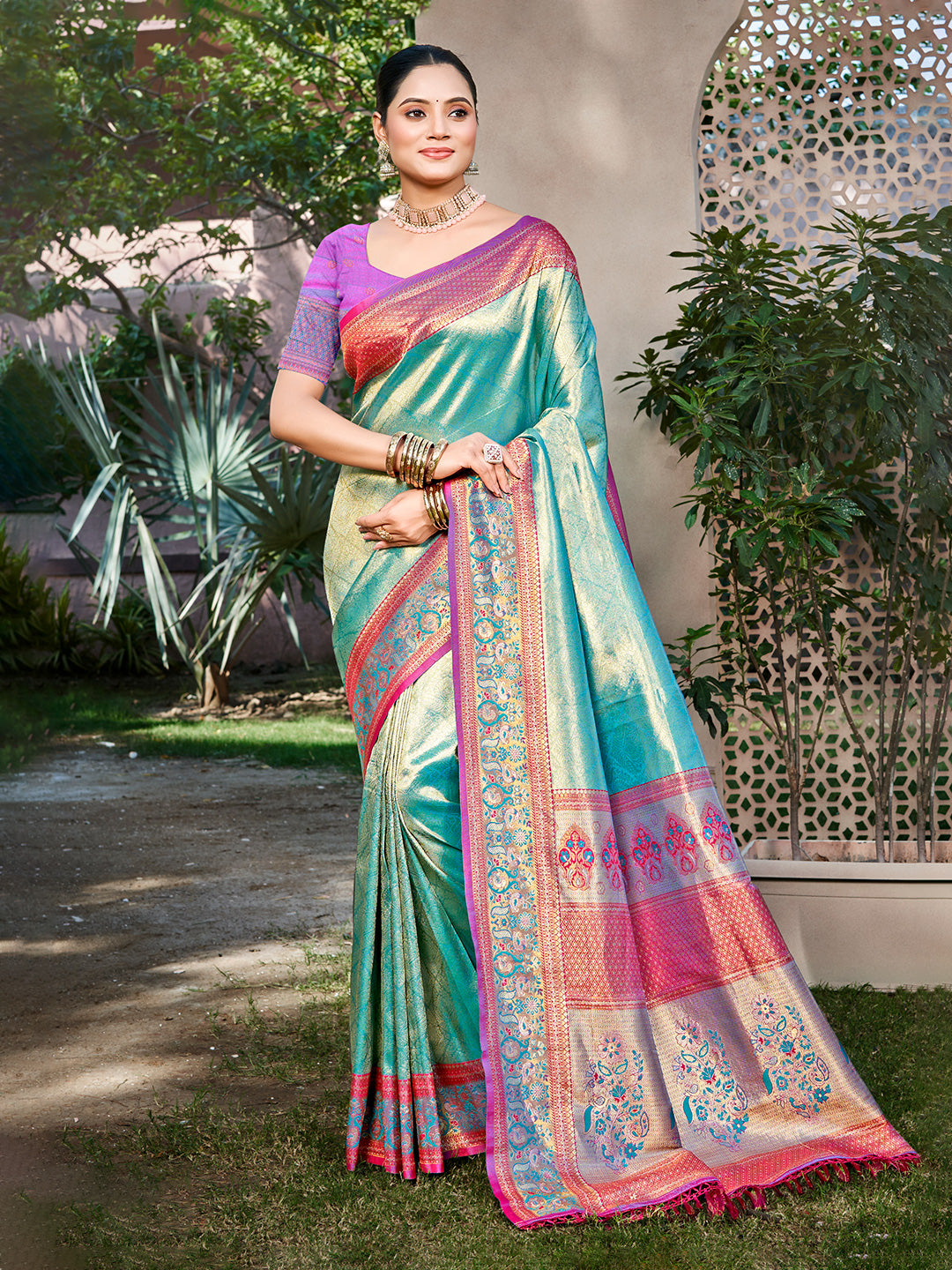 Women's Teal Kanjivaram Silk Woven Work Traditional Saree
