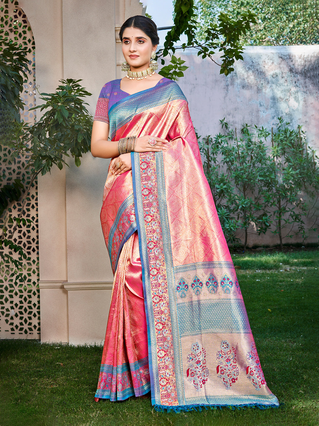 Women's Pink Kanjivaram Silk Woven Work Traditional Saree