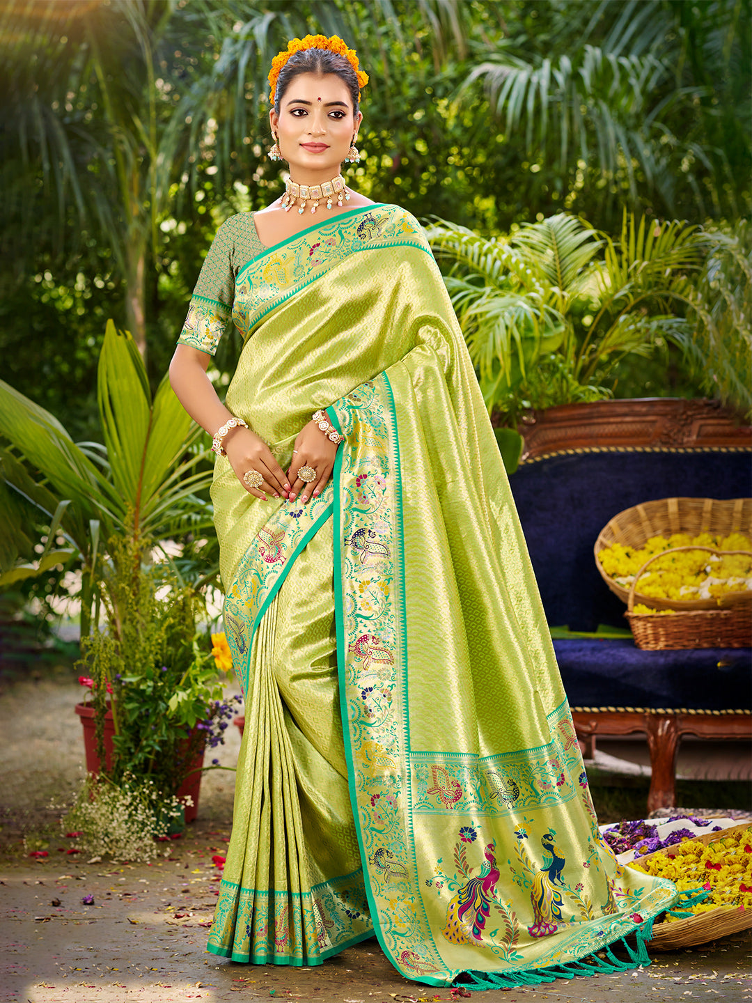 Women's Parrot Green Silk Woven Work Traditional Saree