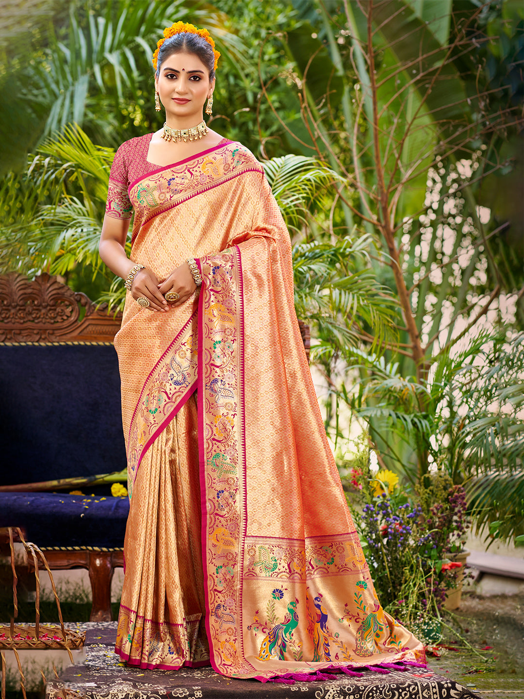 Women's Orange Silk Woven Work Traditional Saree