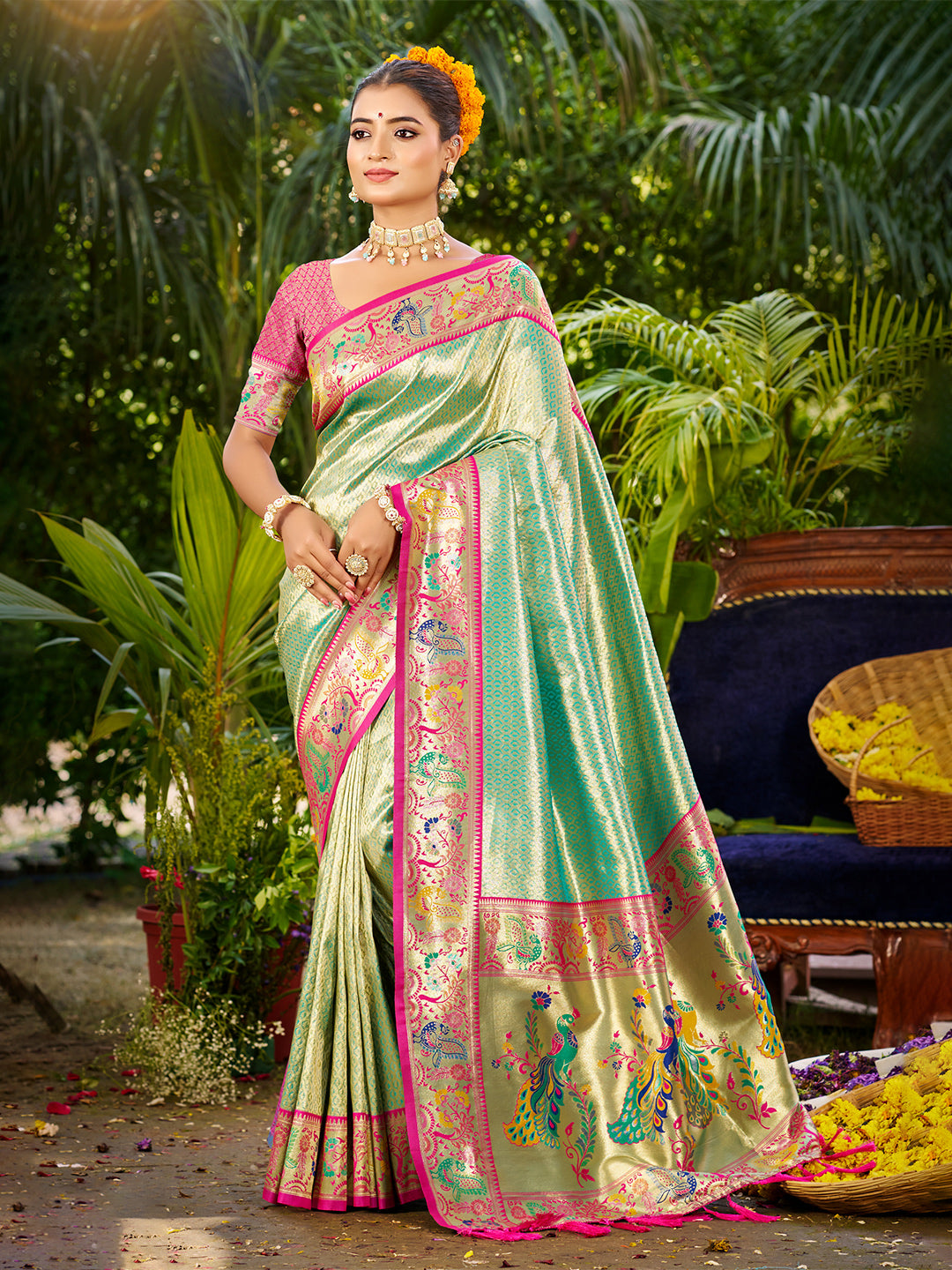 Women's Dark Green Silk Woven Work Traditional Saree