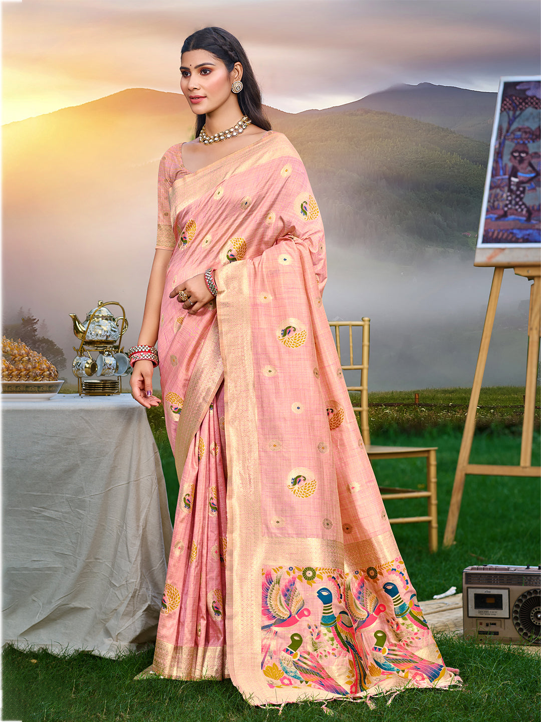 Women's Pink Havy Assam Silk Saree With Meena Woven Work Traditional Saree