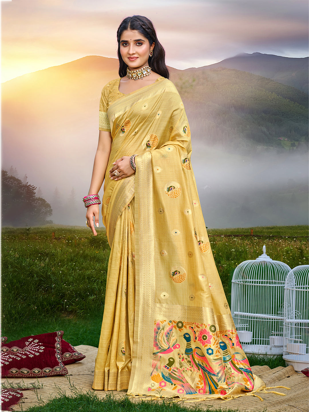 Women's Yellow Havy Assam Silk Saree With Meena Woven Work Traditional Saree