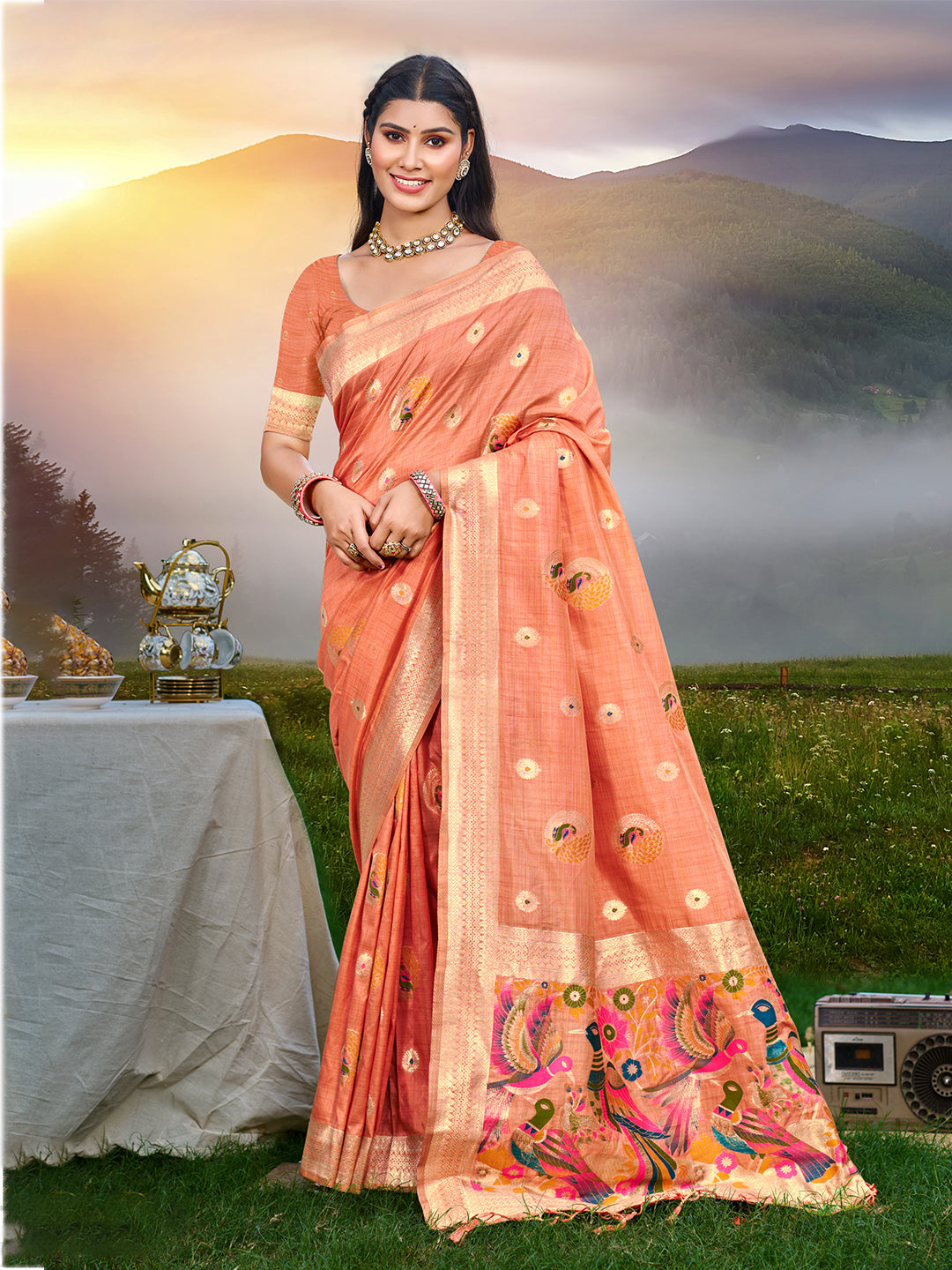 Women's Orange Havy Assam Silk Saree With Meena Woven Work Traditional Saree