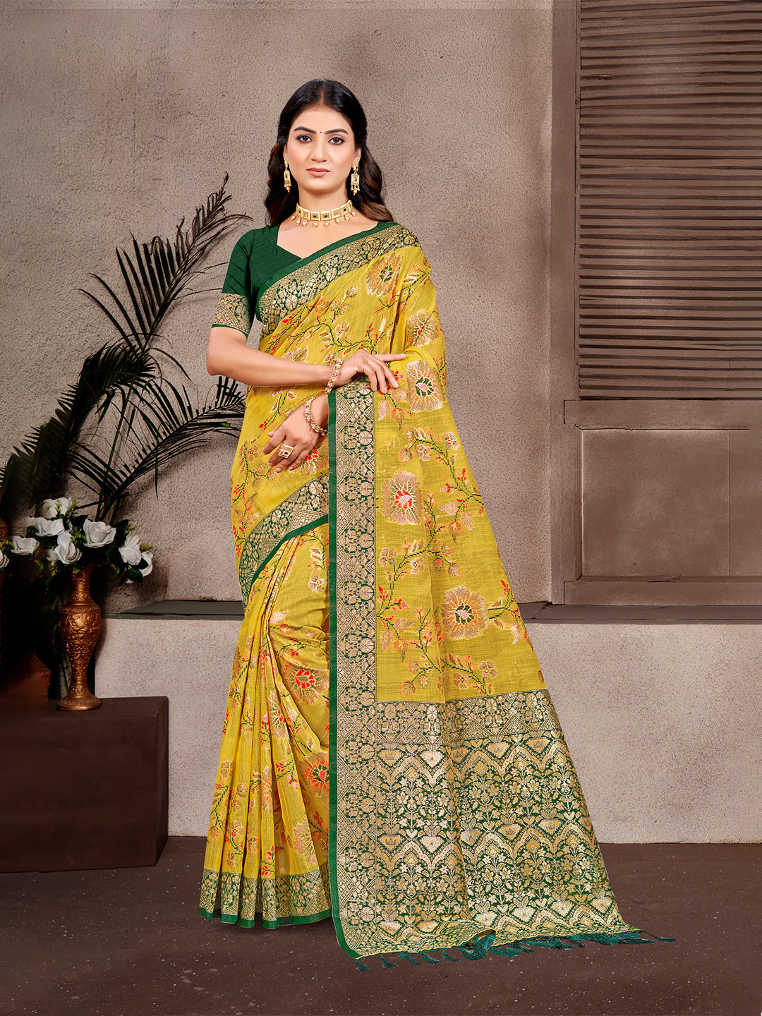 Women's Mustard Cottan Silk With Meena Woven Work Traditional Saree
