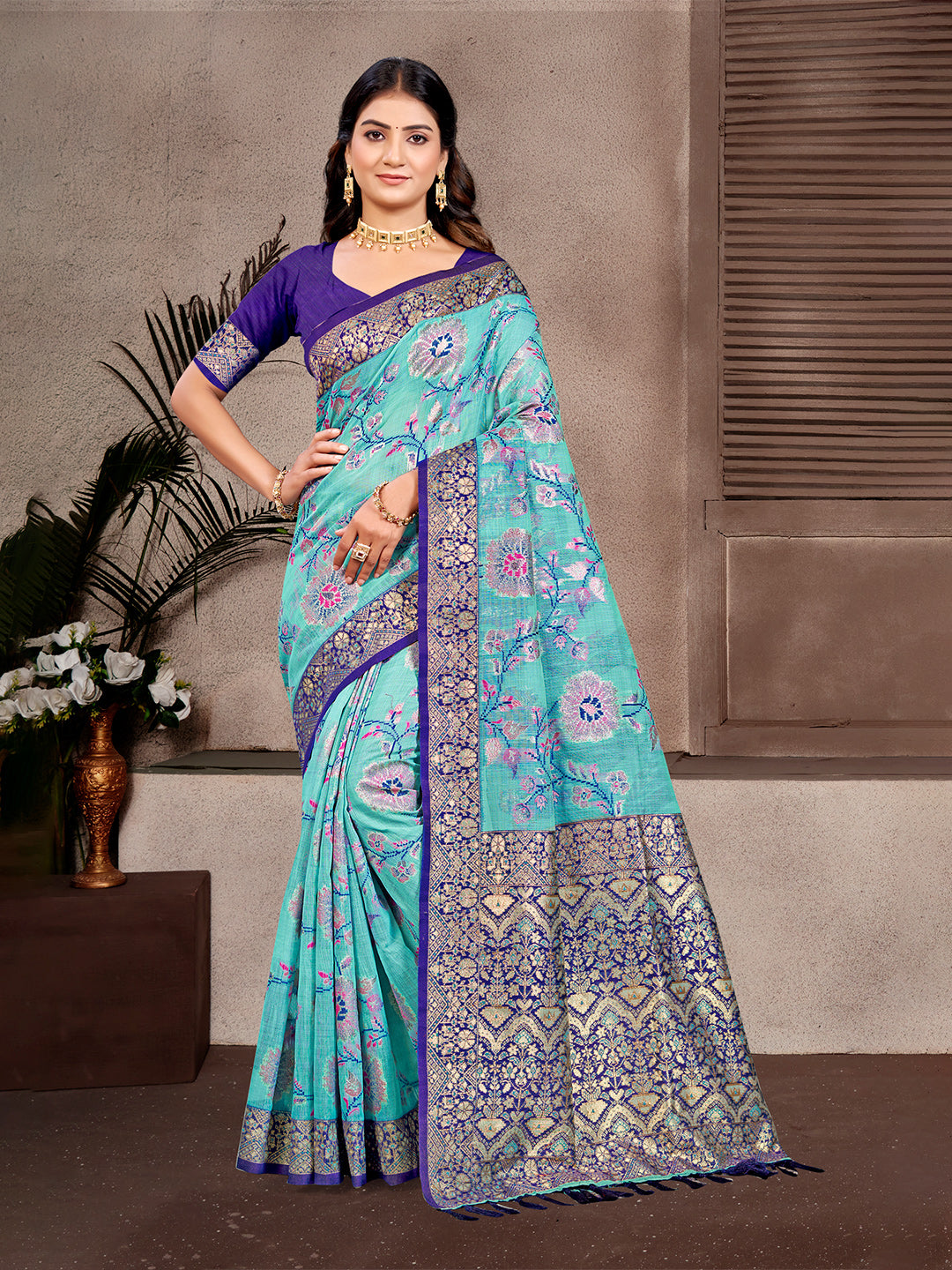 Women's Sky Blue Cottan Silk With Meena Woven Work Traditional Saree