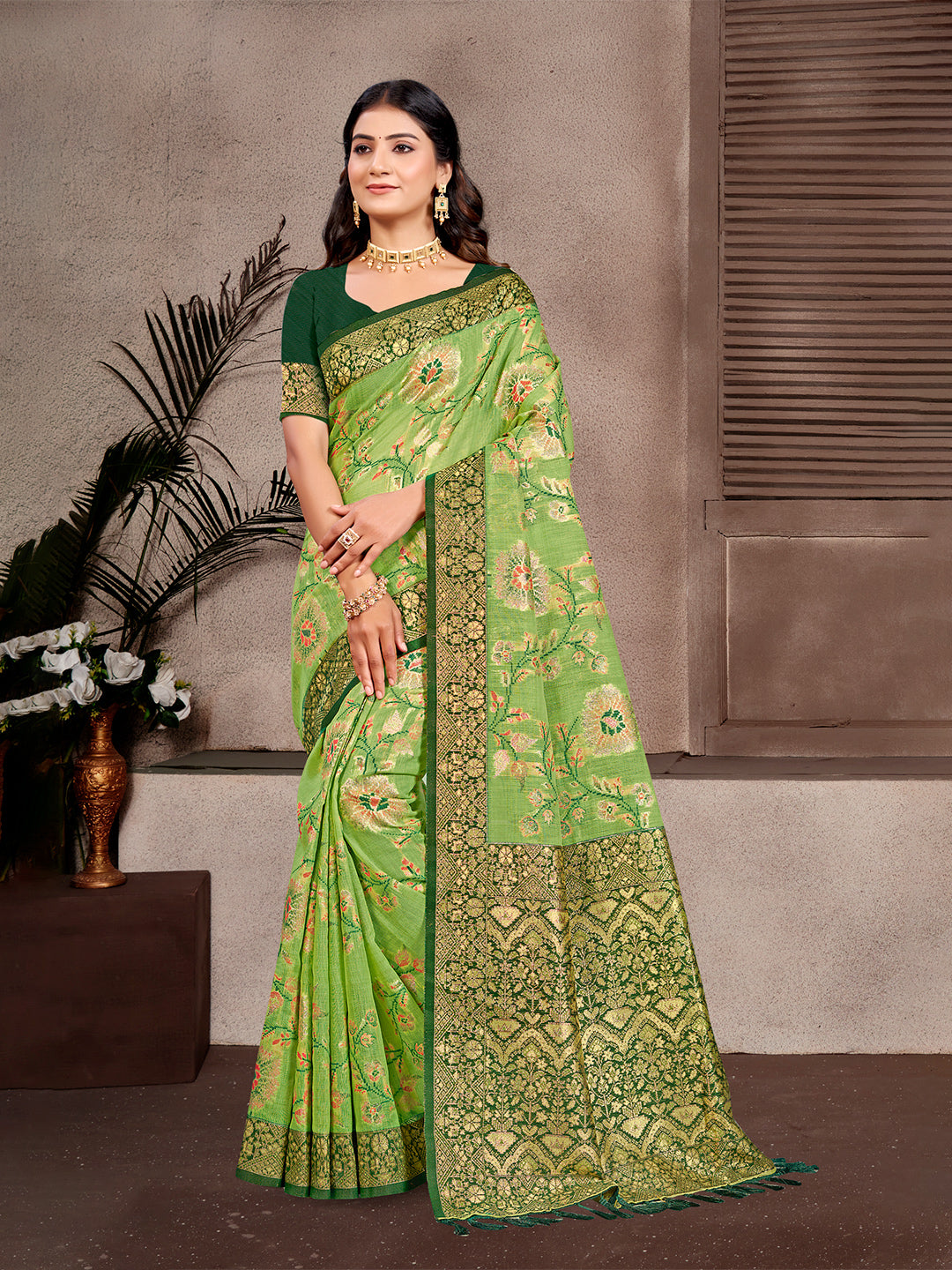 Women's Light Green Cottan Silk With Meena Woven Work Traditional Saree