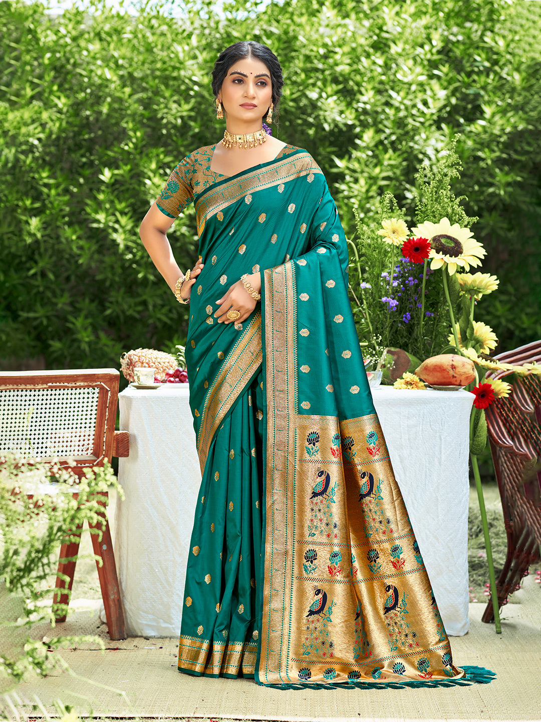 Women's Teal Green Silk Woven Work Traditional Saree