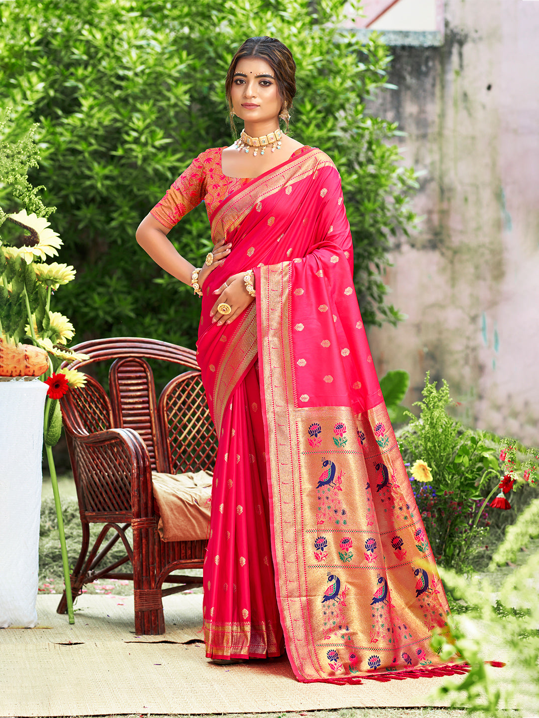 Women's Rani Pink Silk Woven Work Traditional Saree