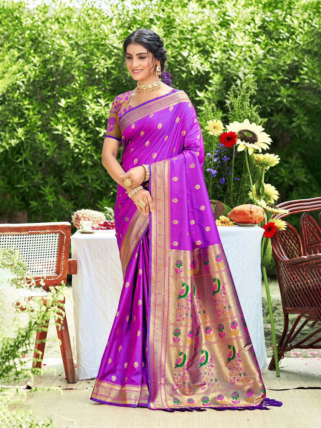 Women's Purple Silk Woven Work Traditional Saree