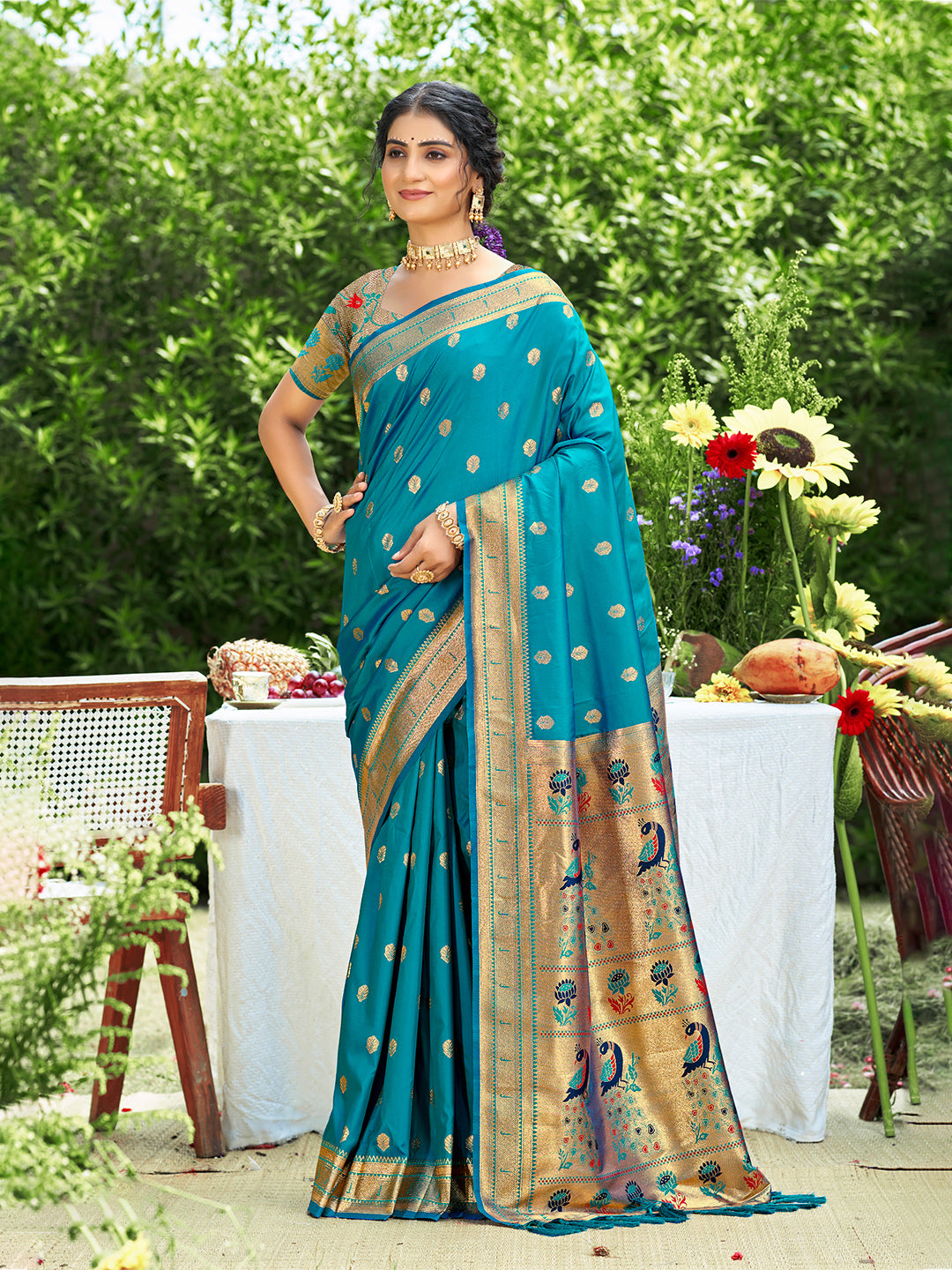 Women's Teal Silk Woven Work Traditional Saree