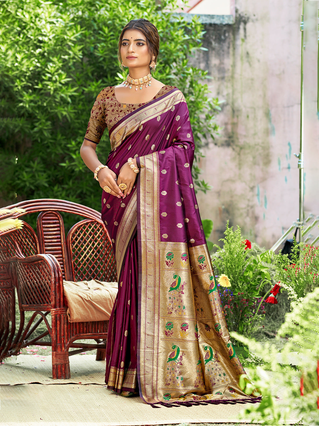 Women's Wine Silk Woven Work Traditional Saree