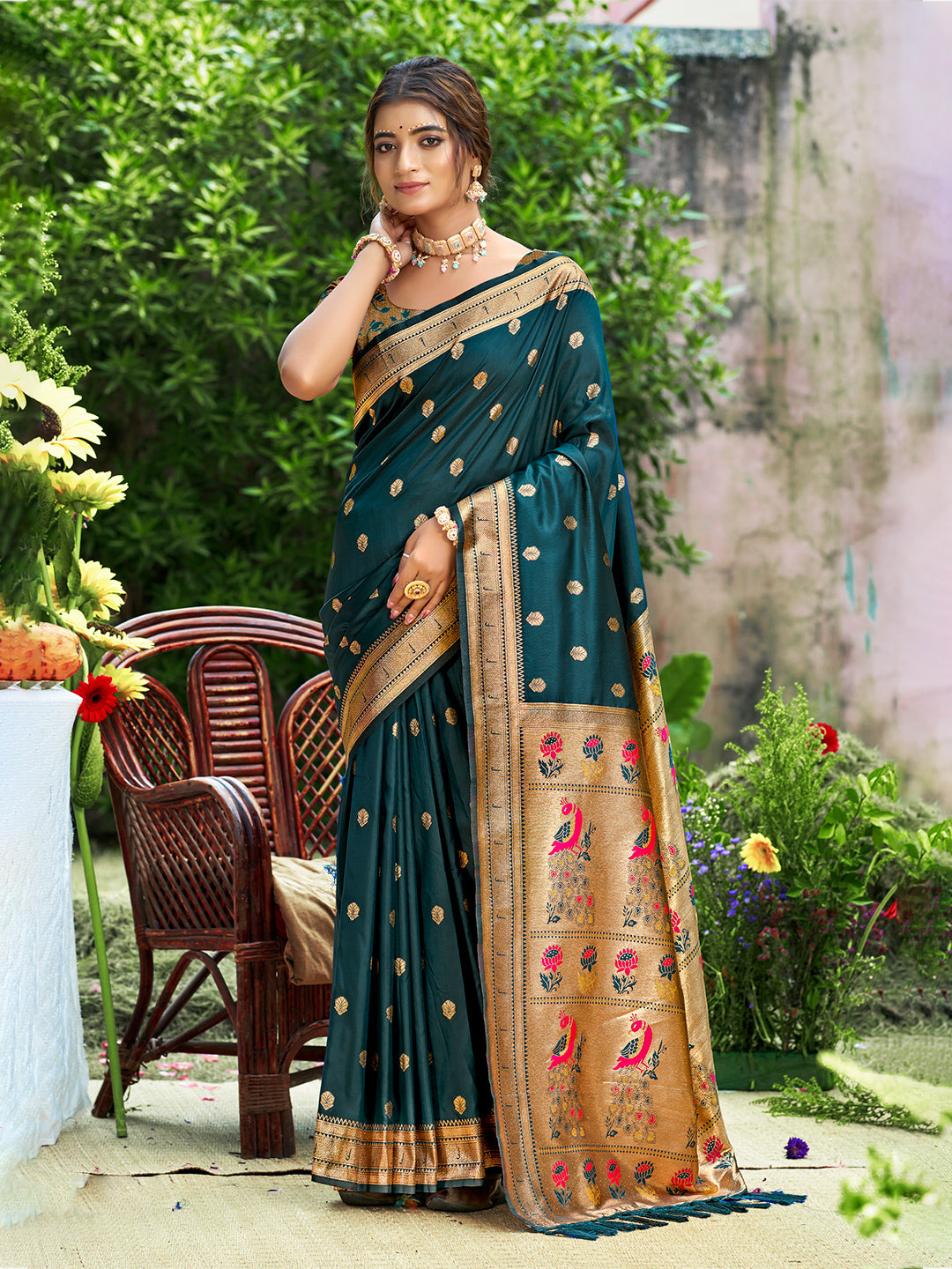Women's Teal Blue Silk Woven Work Traditional Saree