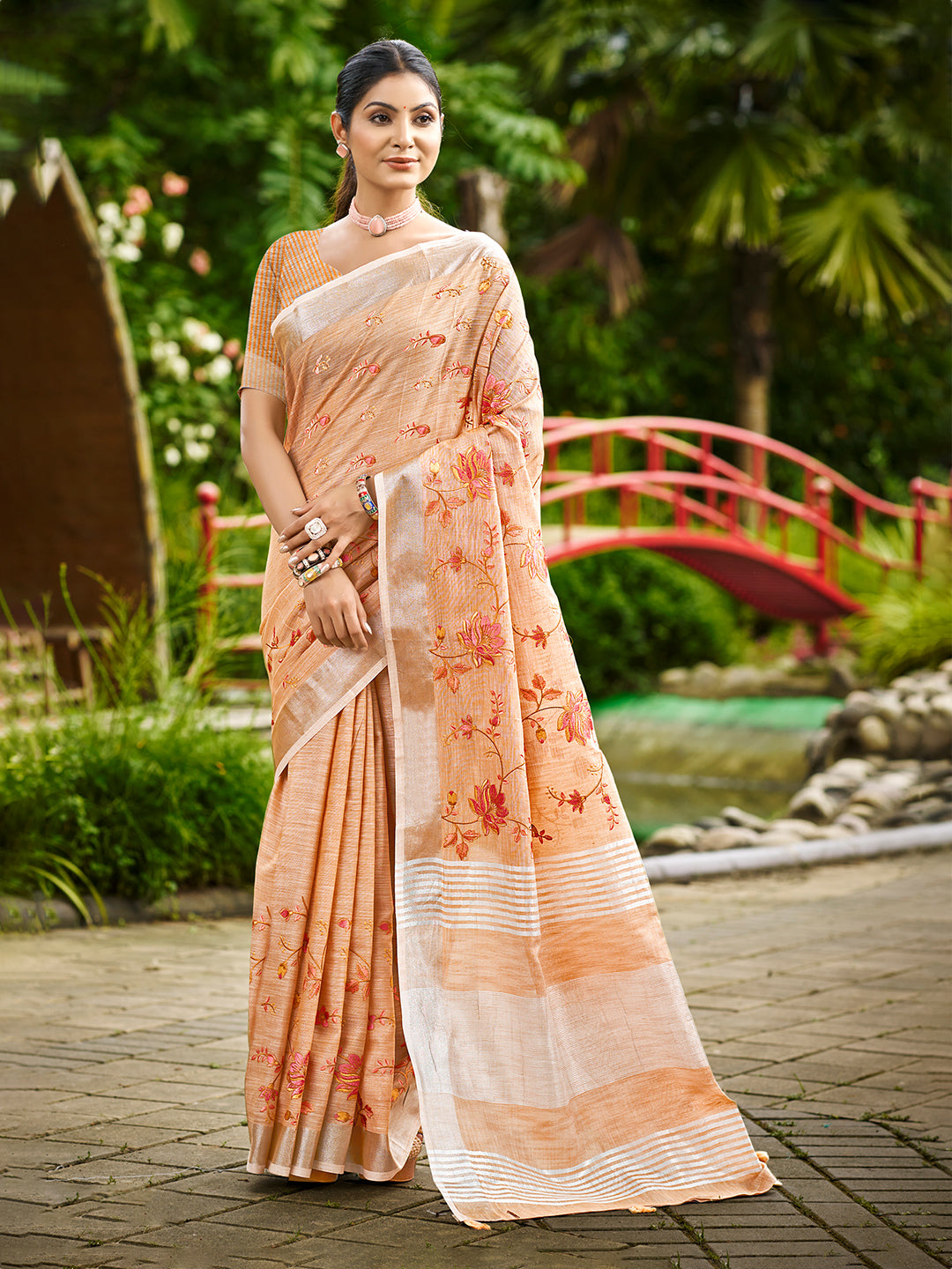 Women's Peach Linen Woven Work Traditional Saree