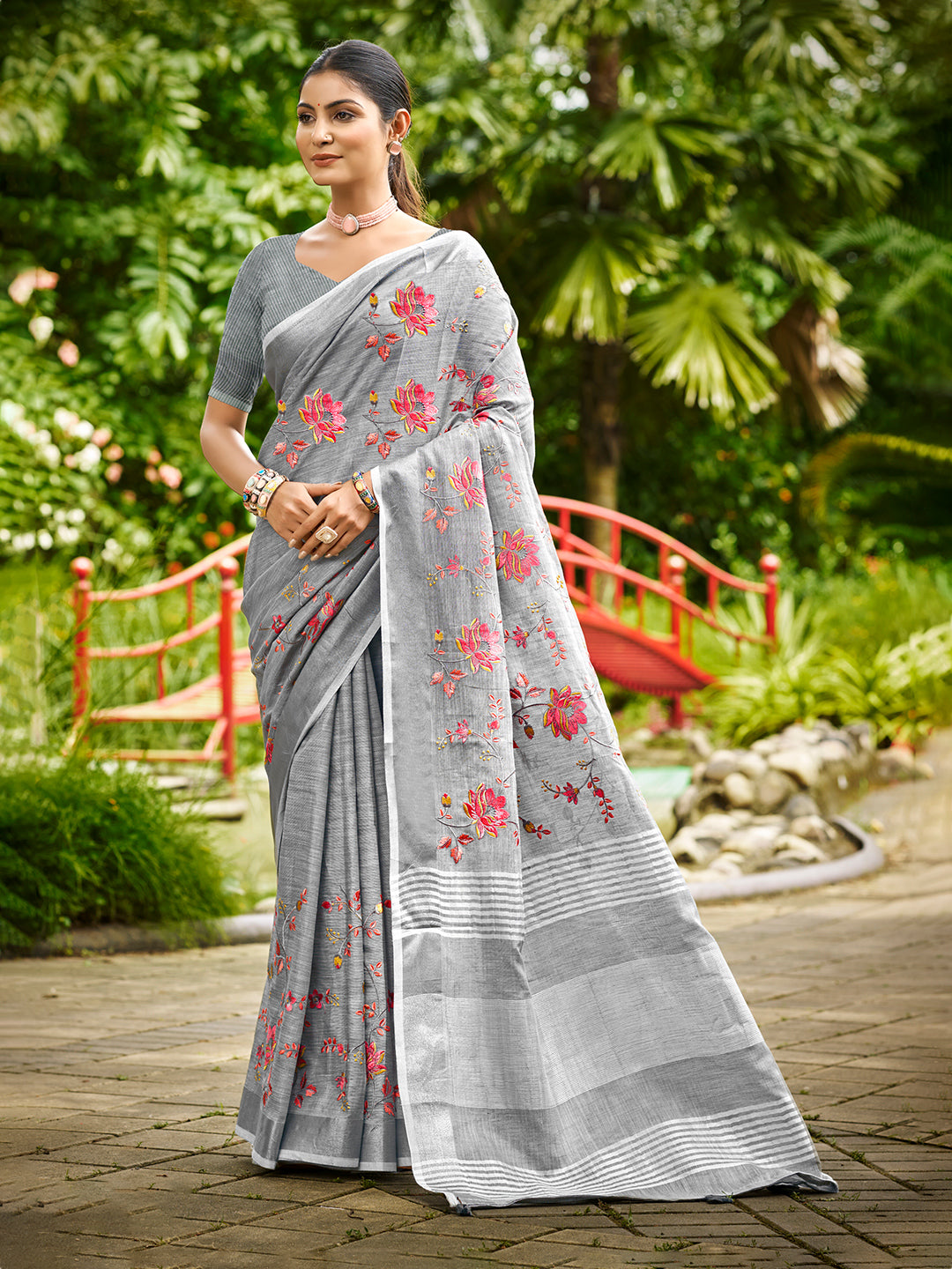 Women's Grey Linen Woven Work Traditional Saree
