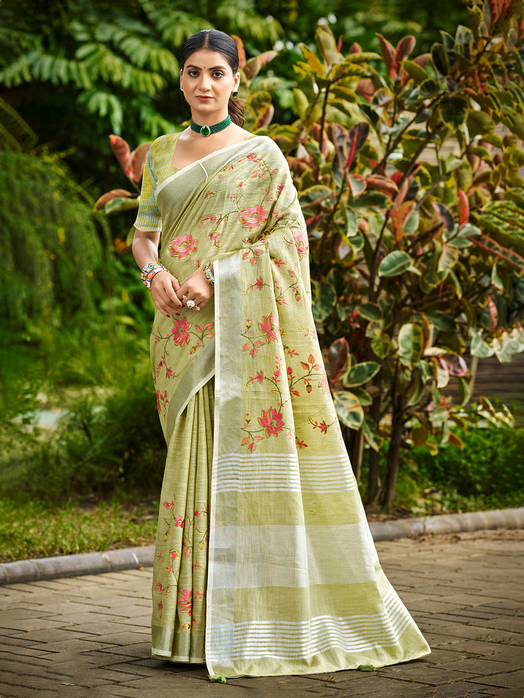 Women's Lime Green Linen Woven Work Traditional Saree