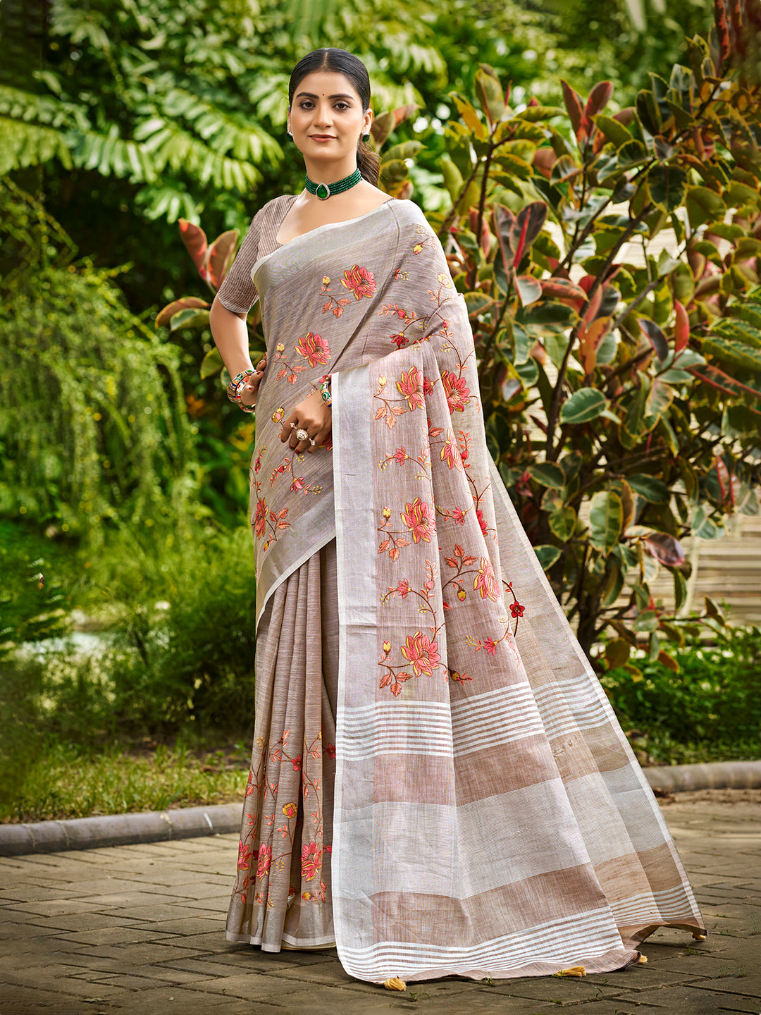 Women's Brown Linen Woven Work Traditional Saree