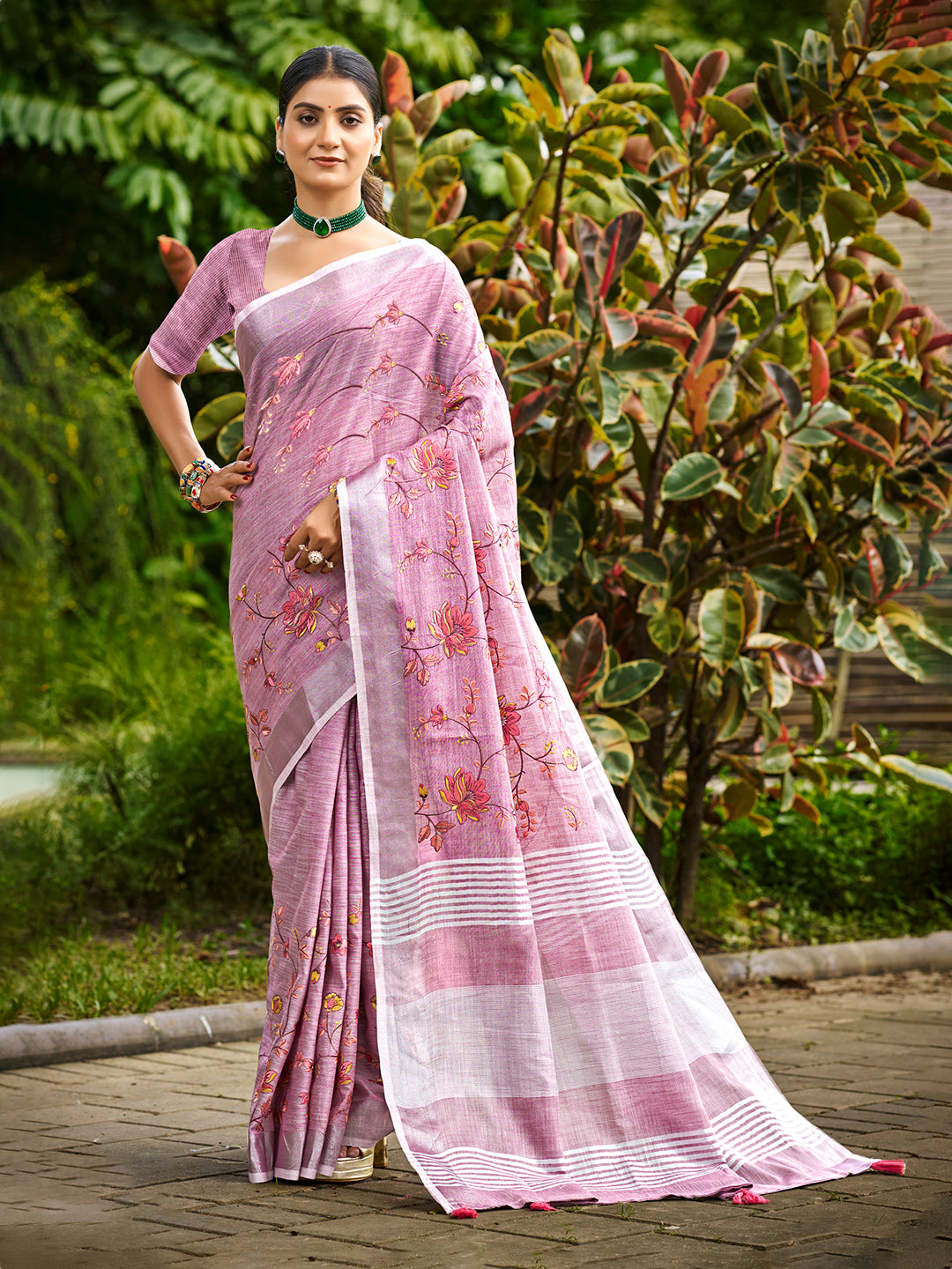 Women's Onion Pink Linen Woven Work Traditional Saree