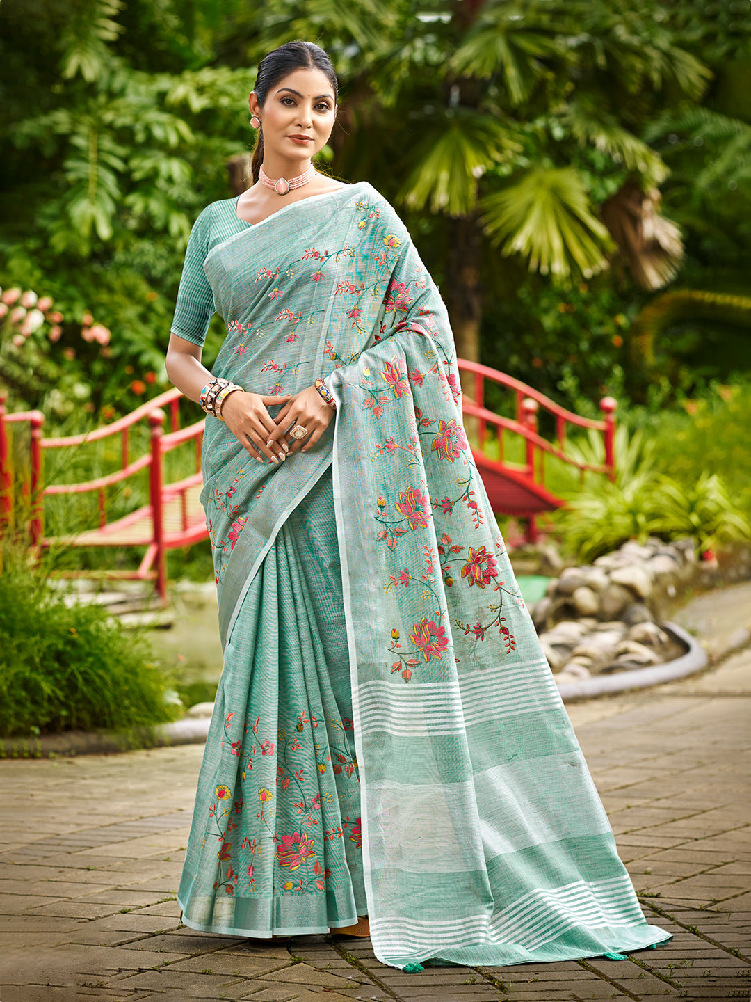 Women's Sky Blue Linen Woven Work Traditional Saree