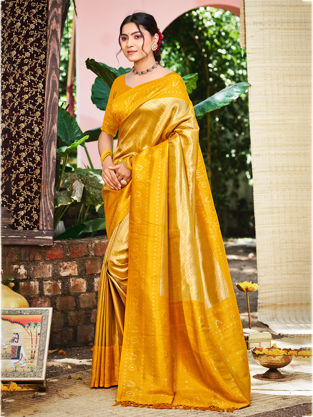 Women's Yellow Kanjivaram Silk Woven Work Traditional Saree