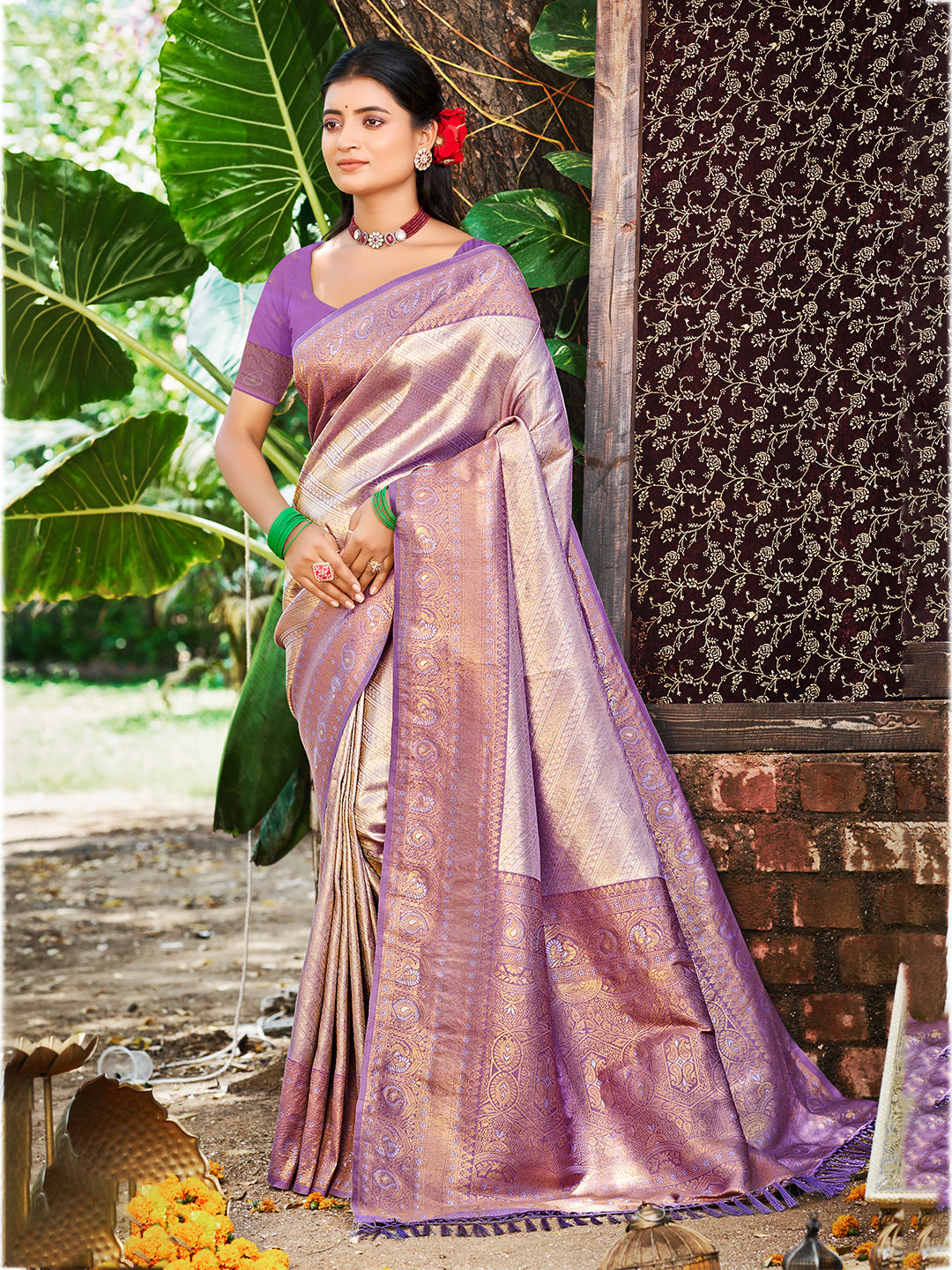 Women's Lavender Kanjivaram Silk Woven Work Traditional Saree
