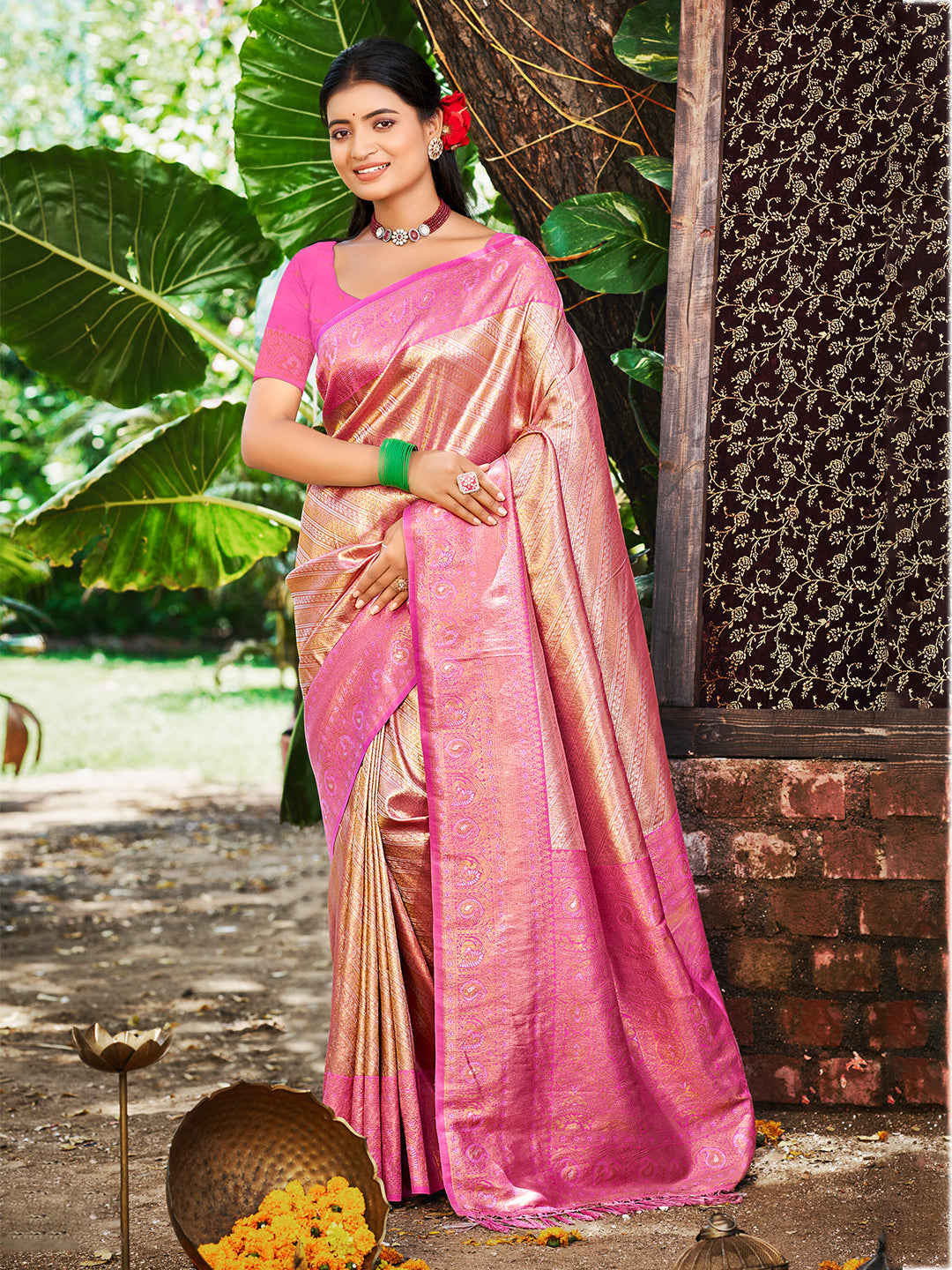Women's Rani Pink Kanjivaram Silk Woven Work Traditional Saree