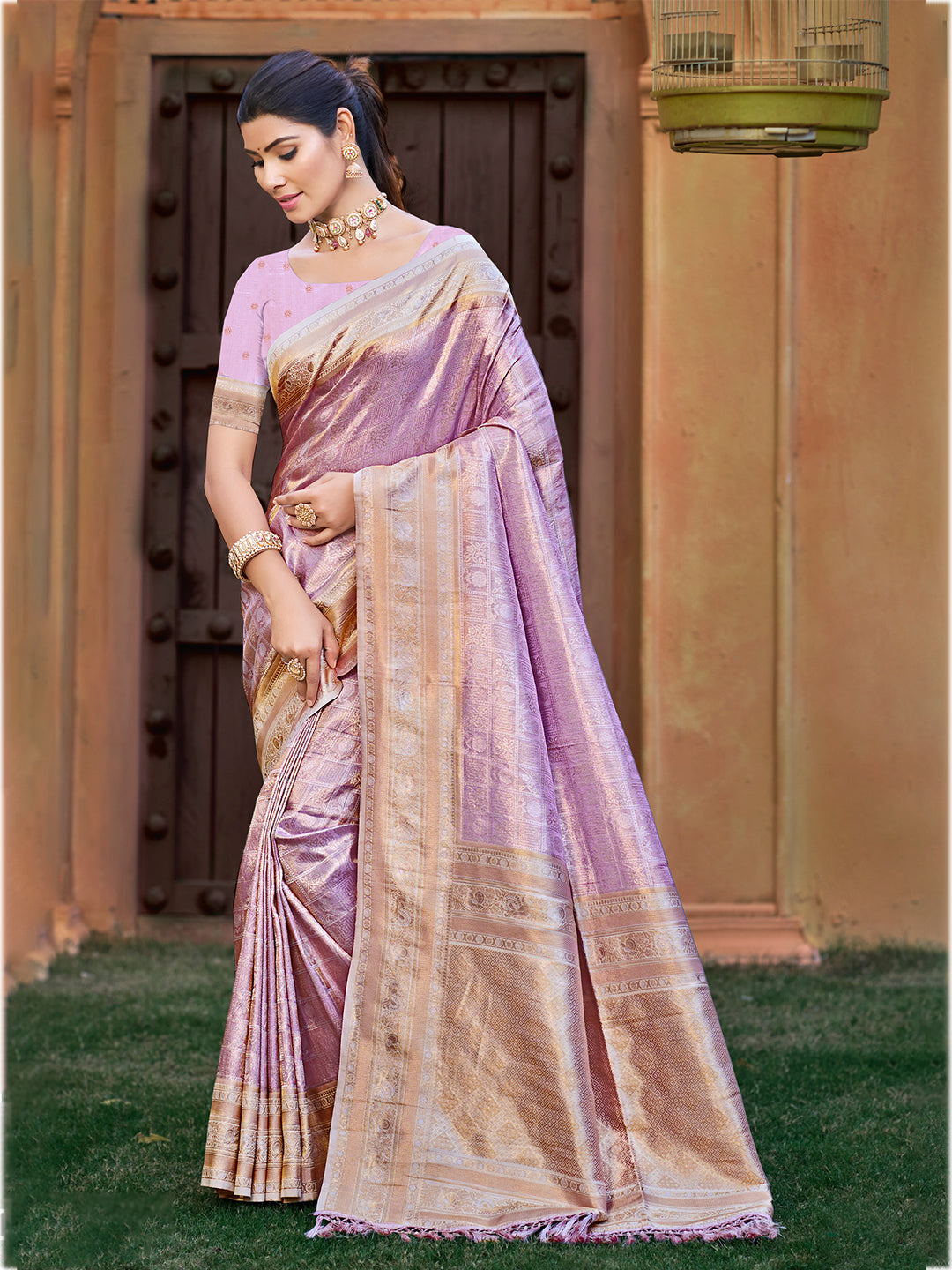 Women's Lavender Kanjivaram Silk Woven Work Traditional Saree