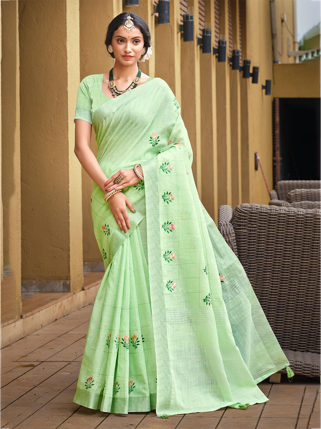 Women's Sea Green Linen Woven Work Traditional Saree