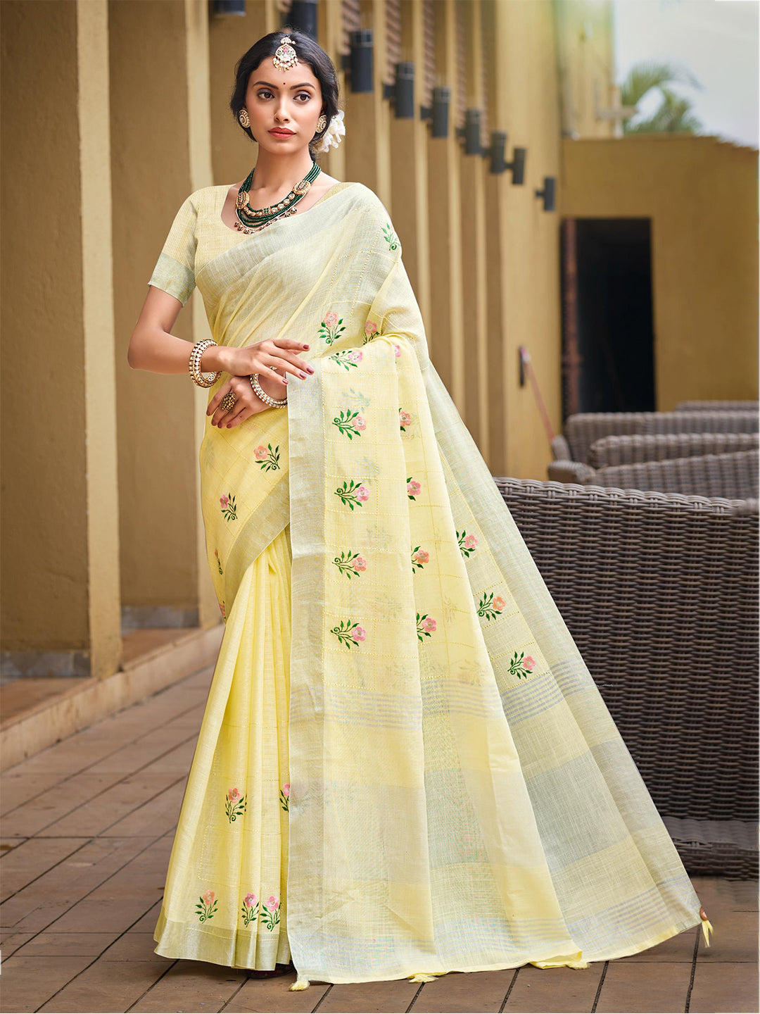 Women's Light Yellow Linen Woven Work Traditional Saree