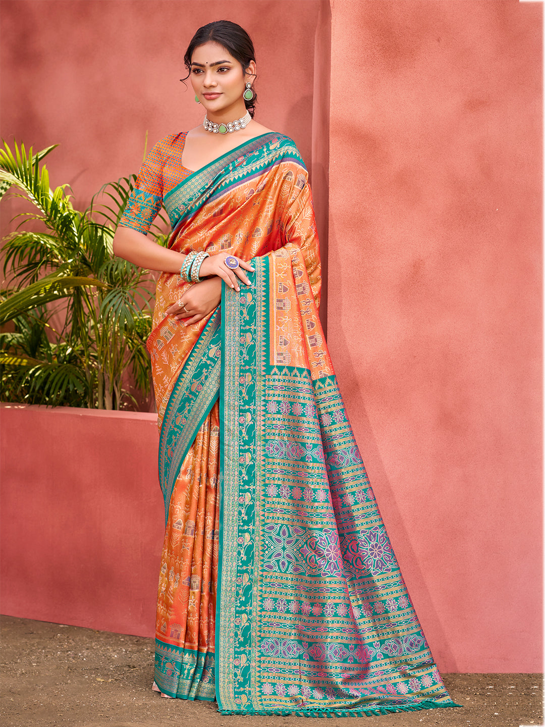 Women's Light Orange Kanjivaram Silk Woven Work Traditional Saree