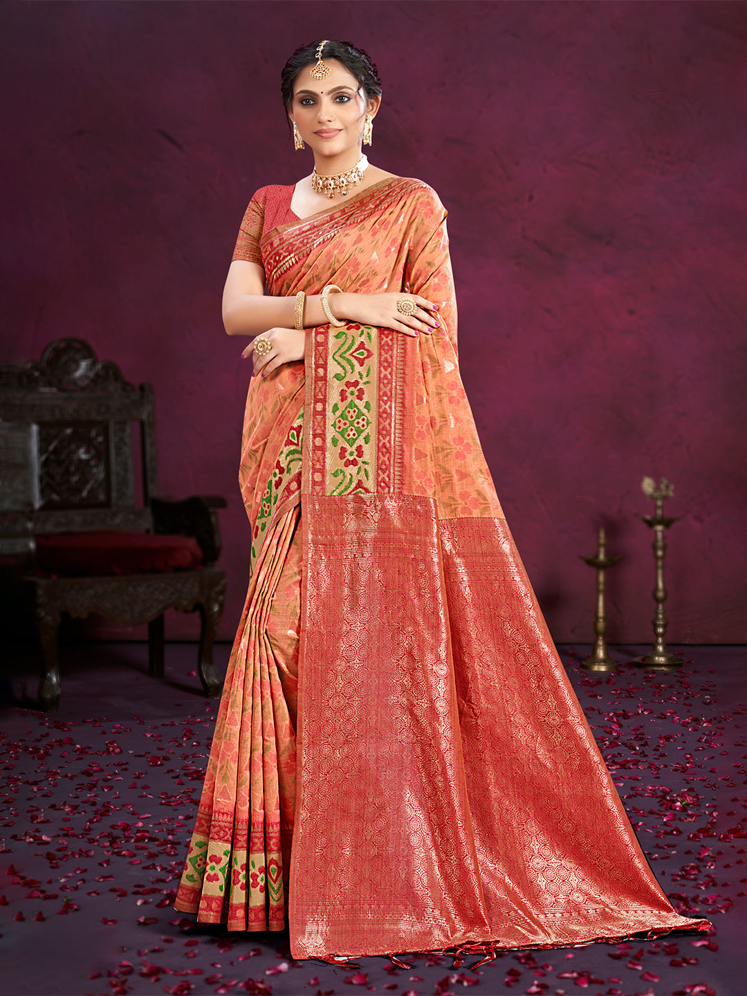 Women's Dark Peach Cotton Silk With Meena Woven Work Traditional Saree