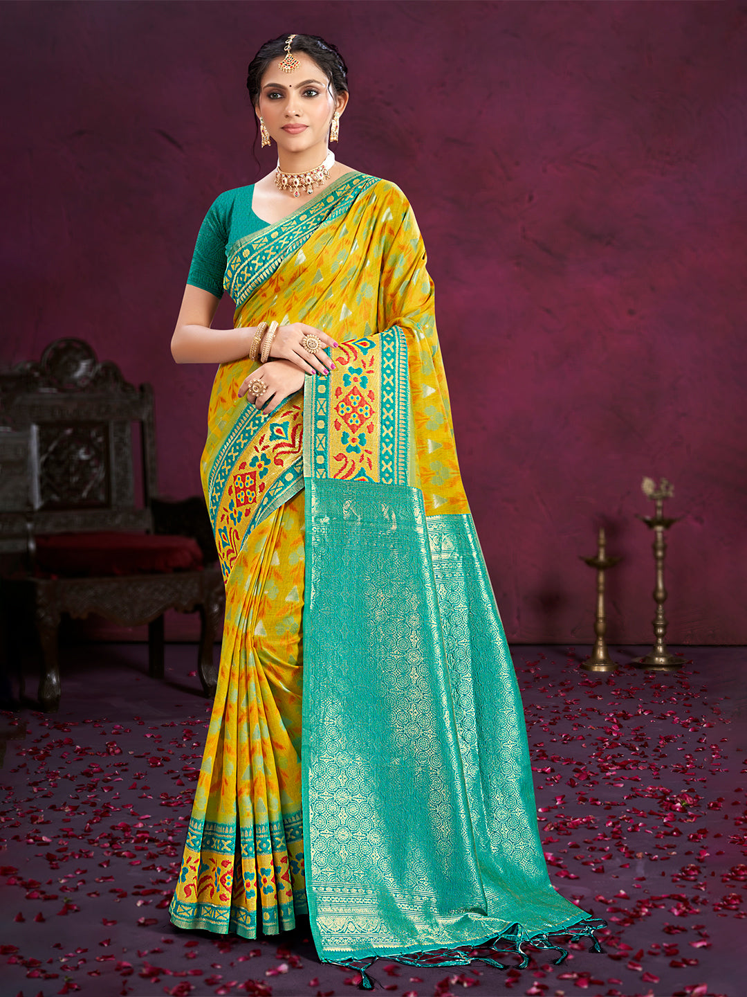 Women's Yellow Cotton Silk With Meena Woven Work Traditional Saree