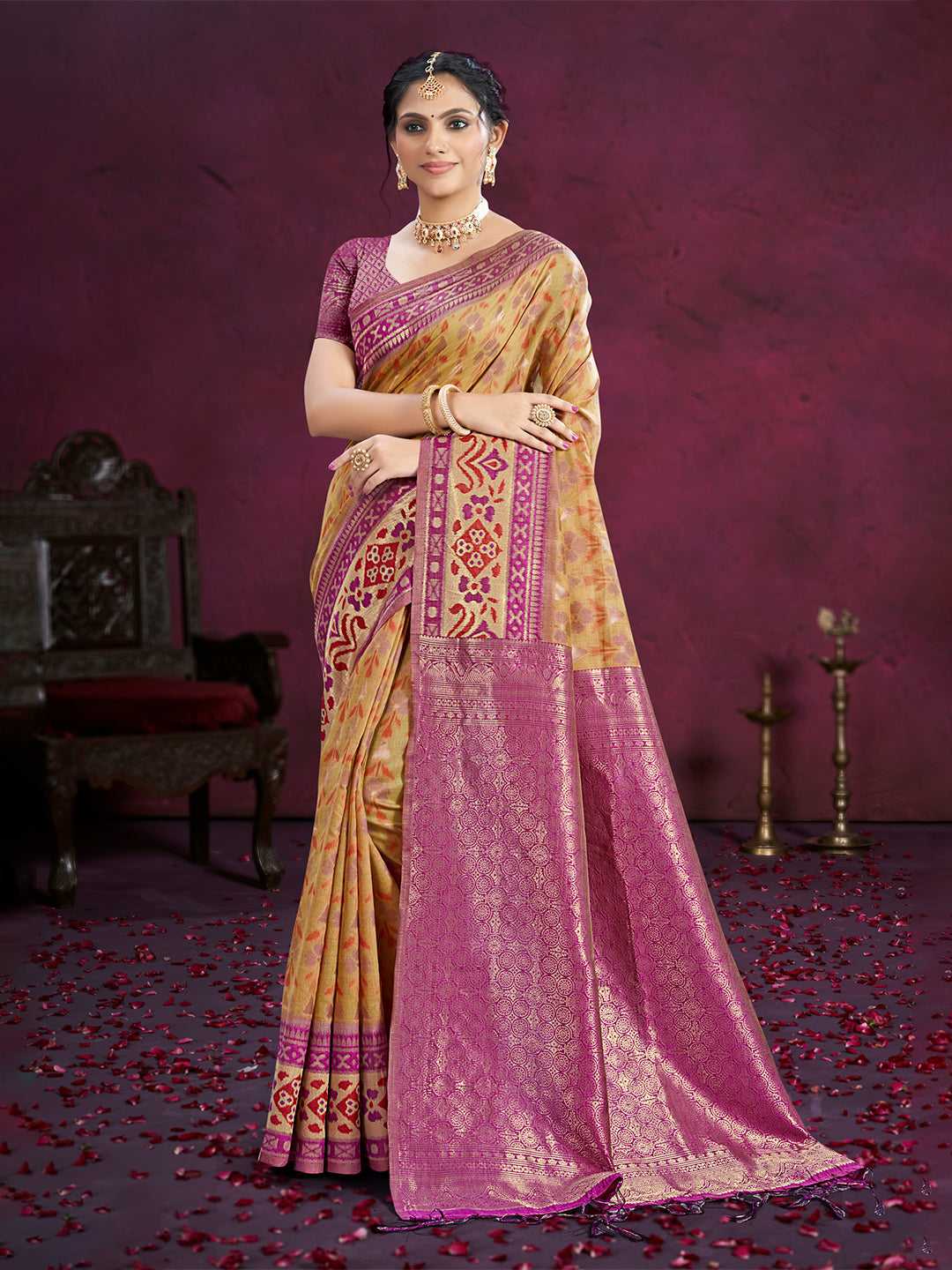 Women's Beige Cotton Silk With Meena Woven Work Traditional Saree