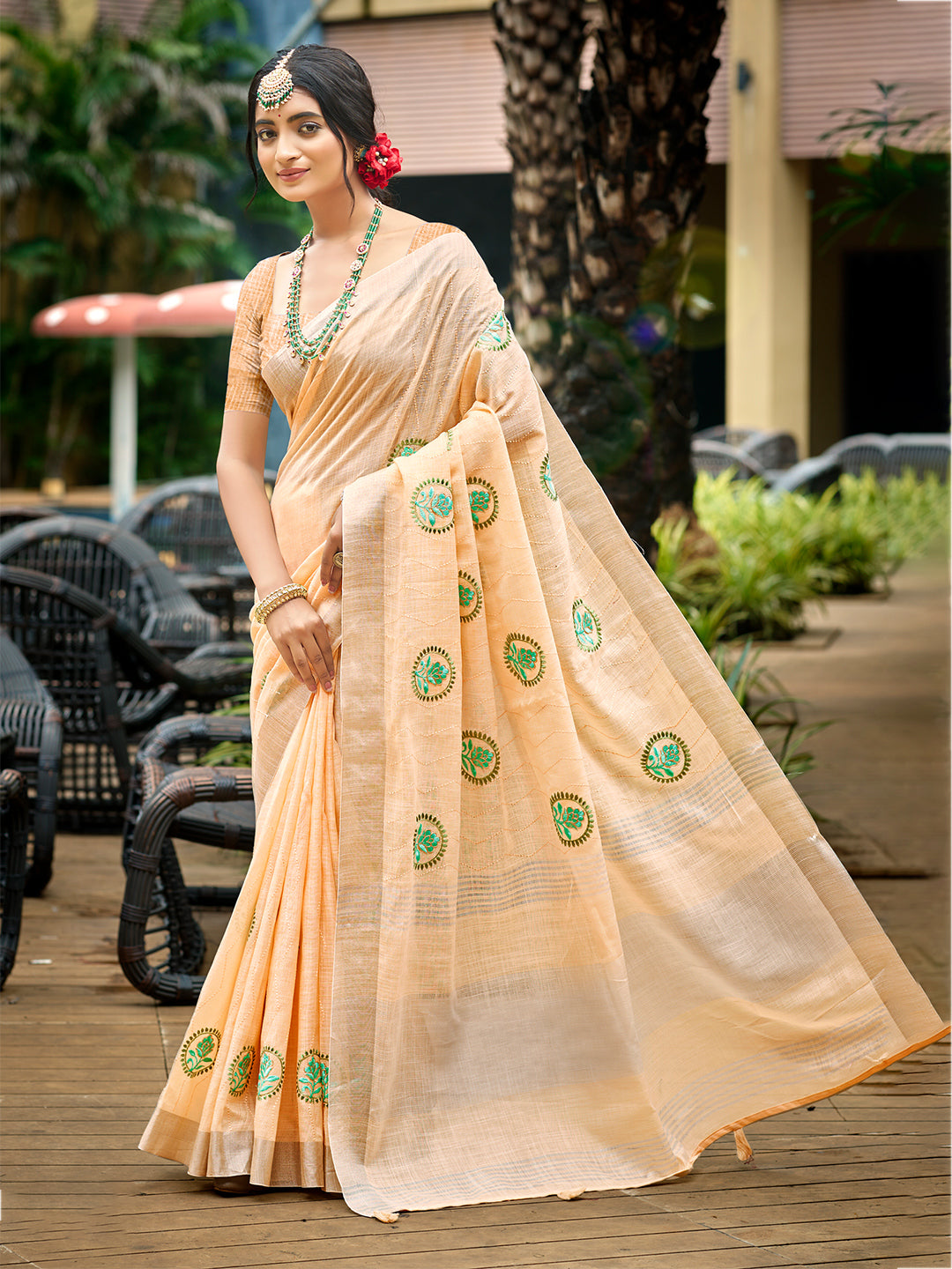 Women's Peach Linen Woven Work Traditional Saree