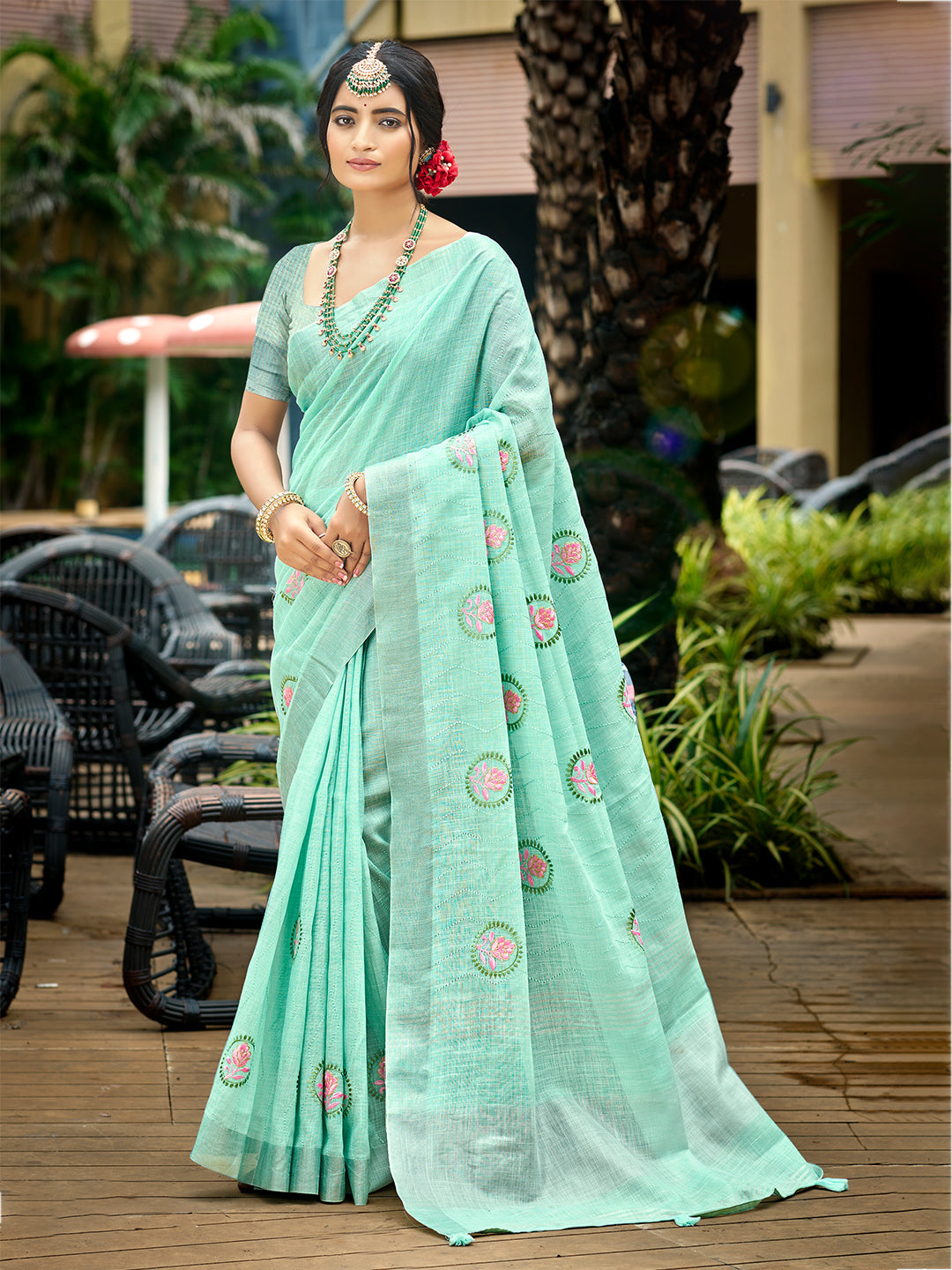 Women's Sky Blue Linen Woven Work Traditional Saree