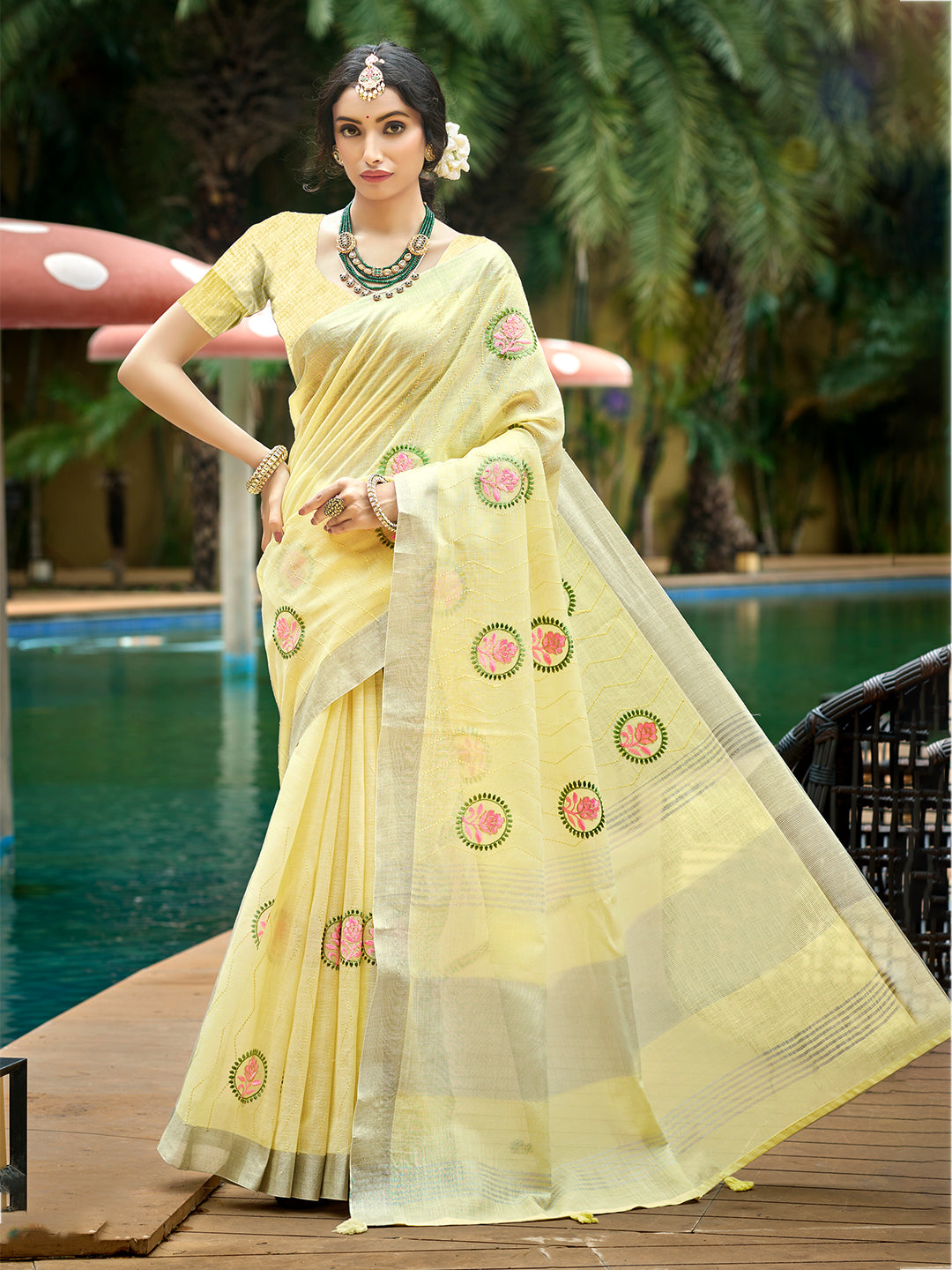 Women's Yellow Linen Woven Work Traditional Saree