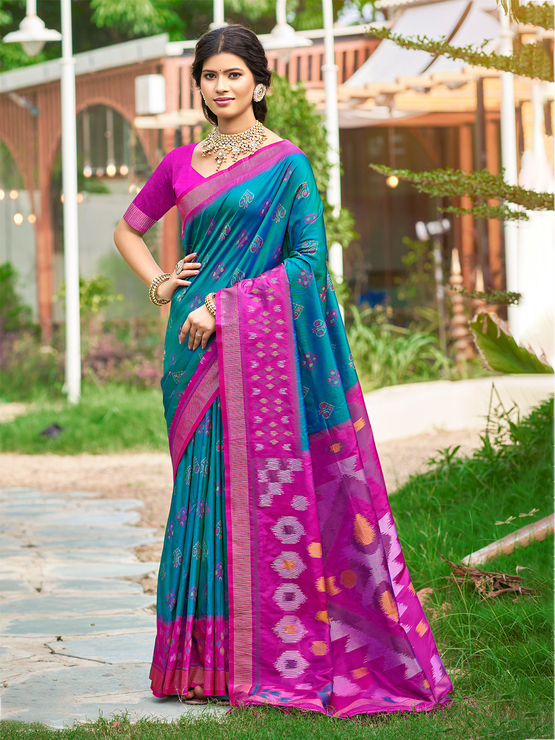 Women's Teal Blue Silk Woven Work Traditional Saree