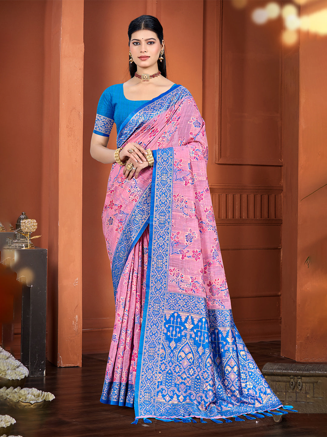 Women's Pink Cottan Silk With Meena Woven Work Traditional Saree