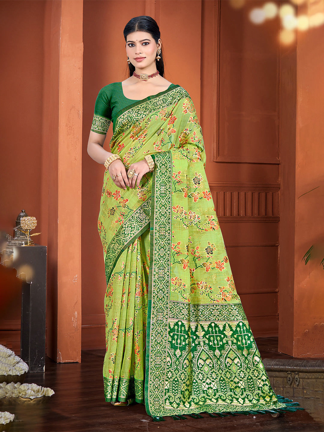 Women's Green Cottan Silk With Meena Woven Work Traditional Saree