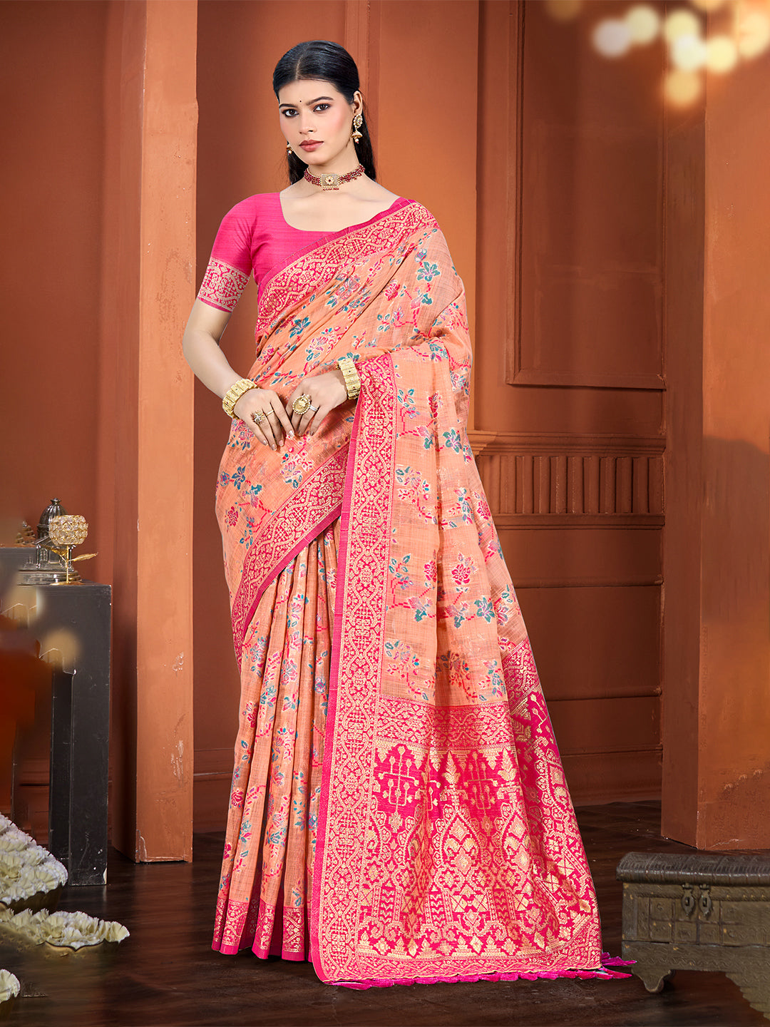 Women's Peach Cottan Silk With Meena Woven Work Traditional Saree