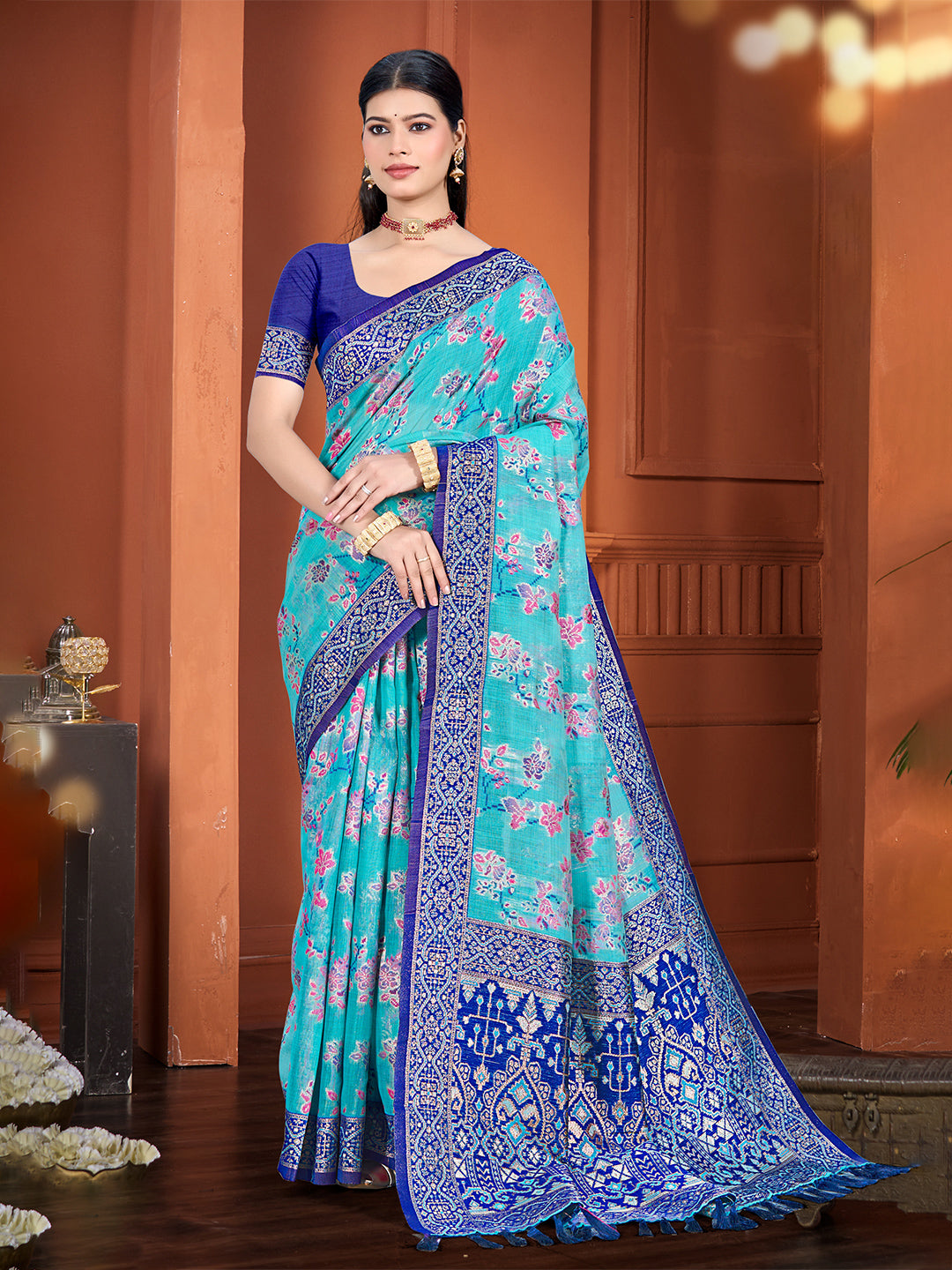 Women's Blue Cottan Silk With Meena Woven Work Traditional Saree
