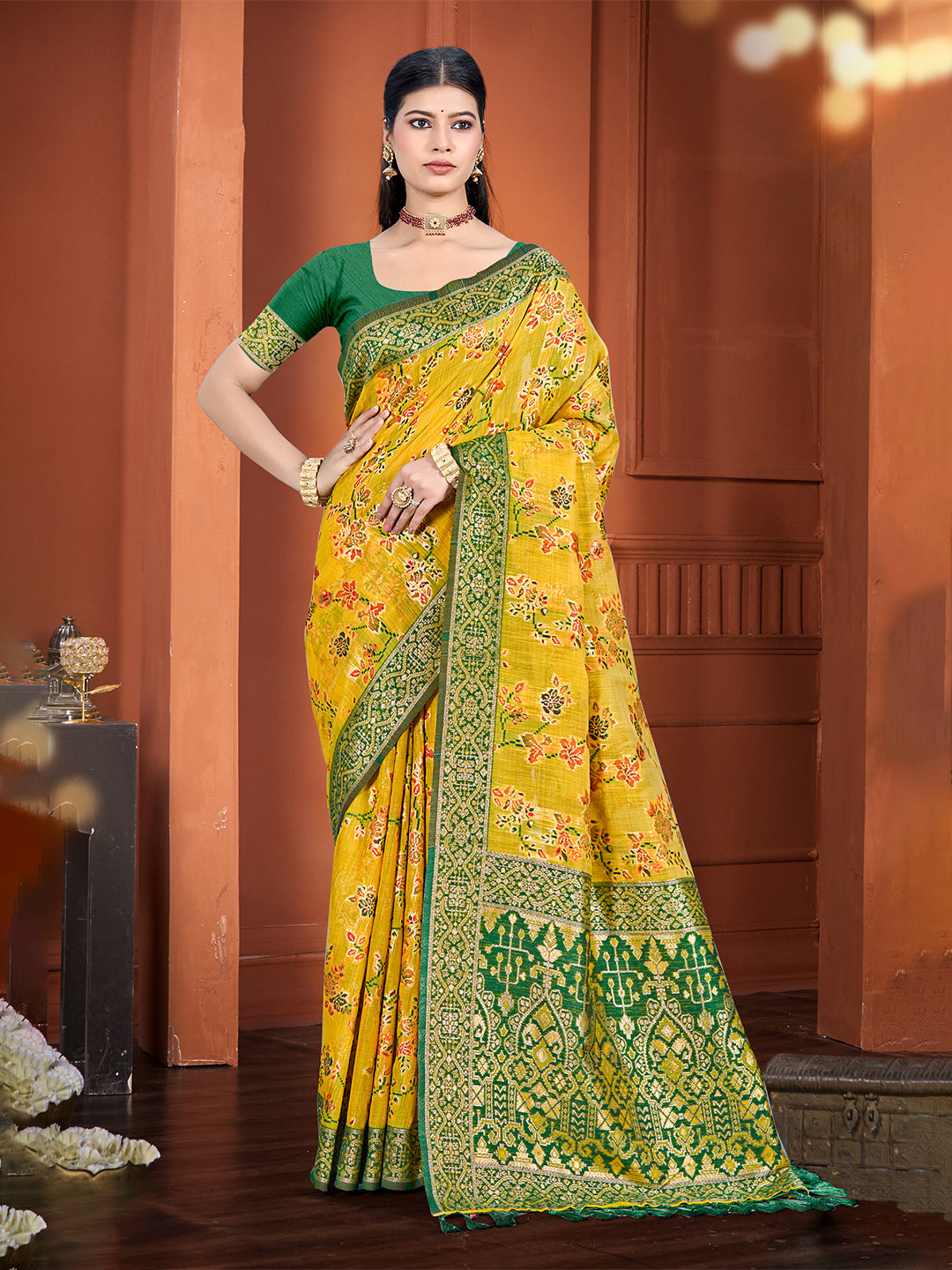 Women's Yellow Cottan Silk With Meena Woven Work Traditional Saree