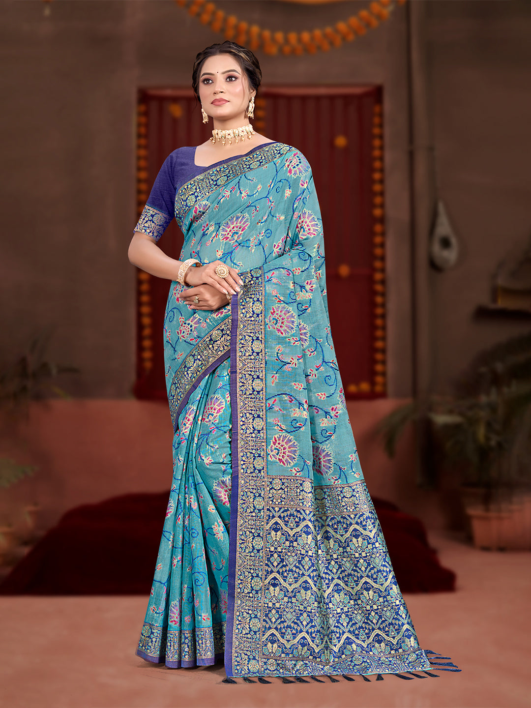 Women's Sky Blue Cotton Silk With Meena Woven Work Traditional Saree