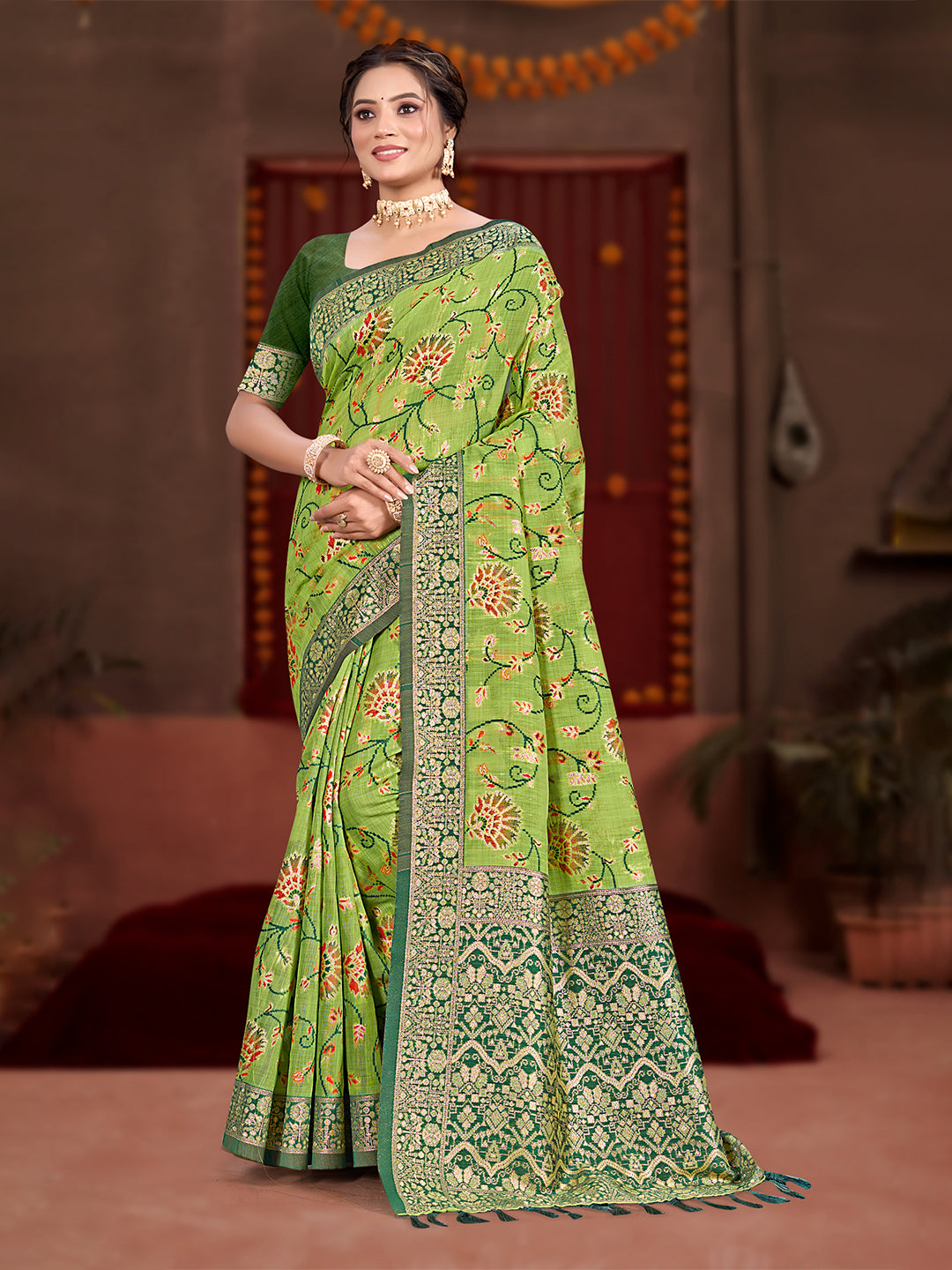 Women's Green Cotton Silk With Meena Woven Work Traditional Saree