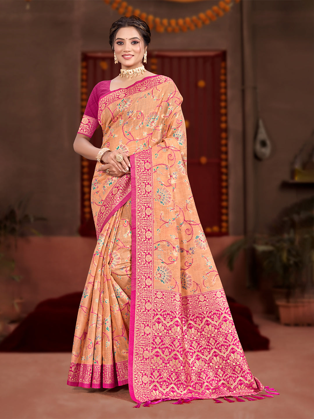 Women's Peach Cotton Silk With Meena Woven Work Traditional Saree